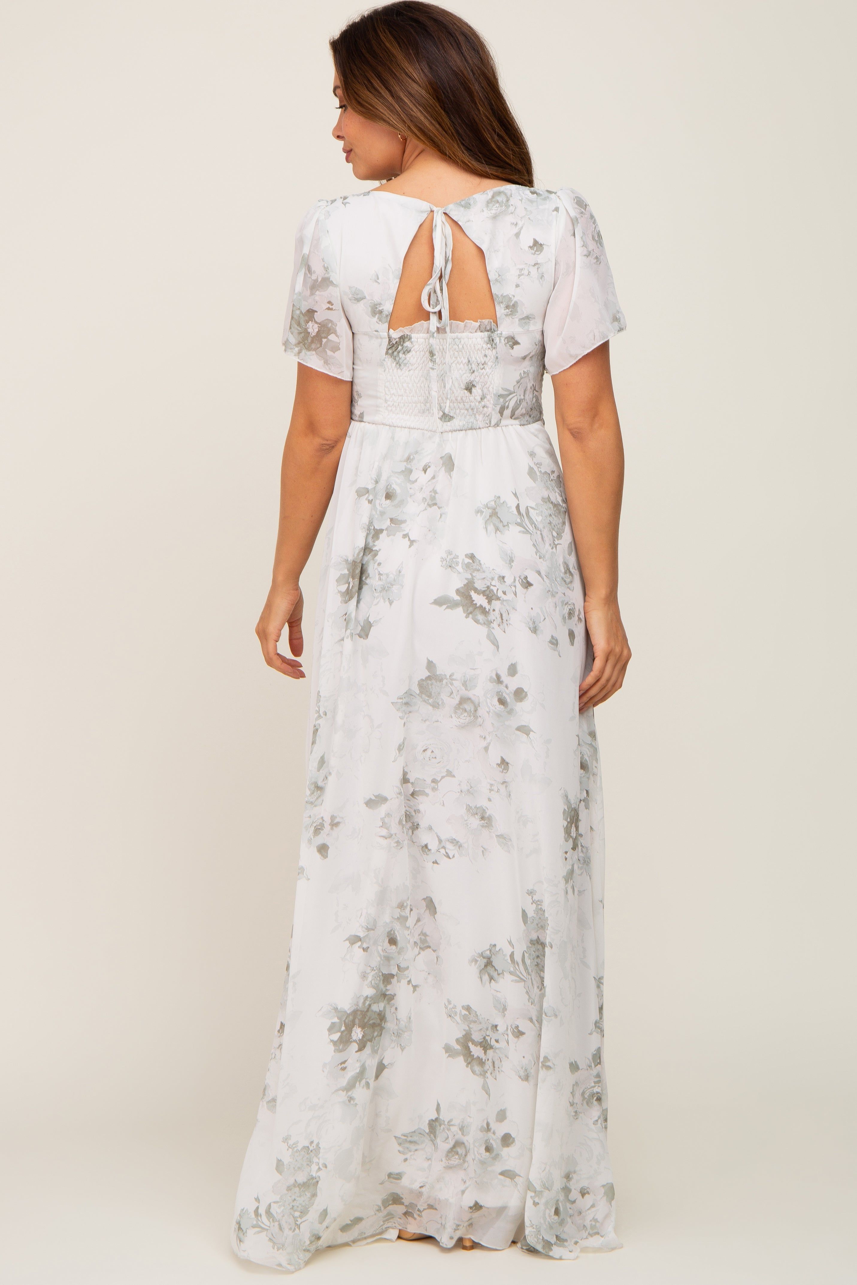 Mint Green Floral Chiffon Square Neck Smocked Maternity Maxi Dress sold by Pinkblush product image thumbnail 3