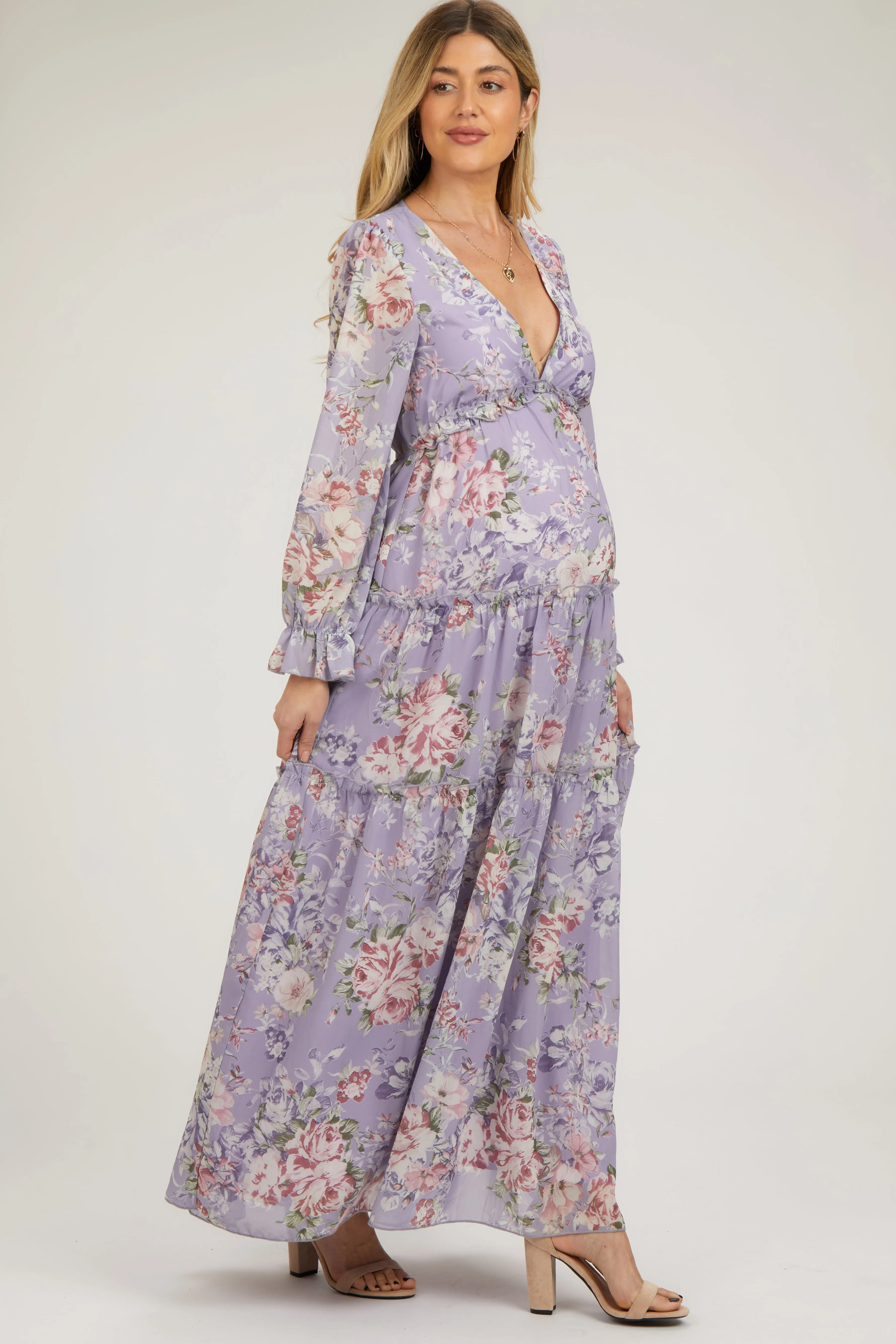 Lavender Floral Chiffon Deep V Ruffle Tiered Maternity Maxi Dress sold by Pinkblush