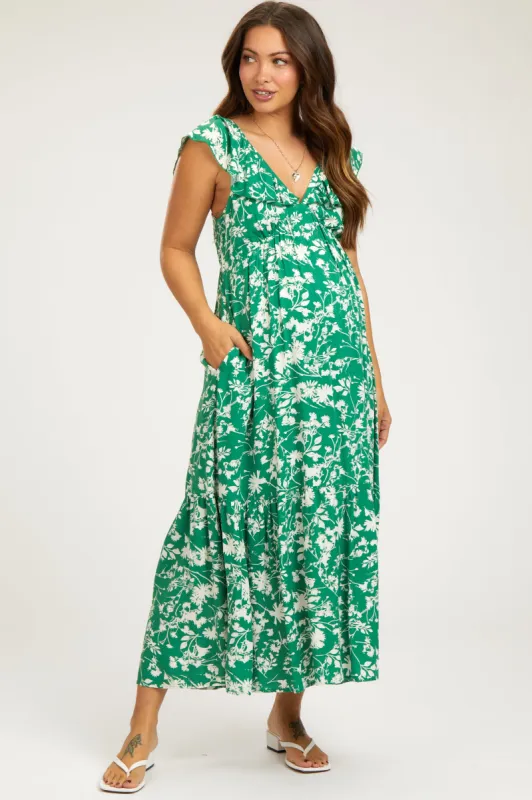 Green Floral Ruffle Maternity Midi Dress sold by Pinkblush