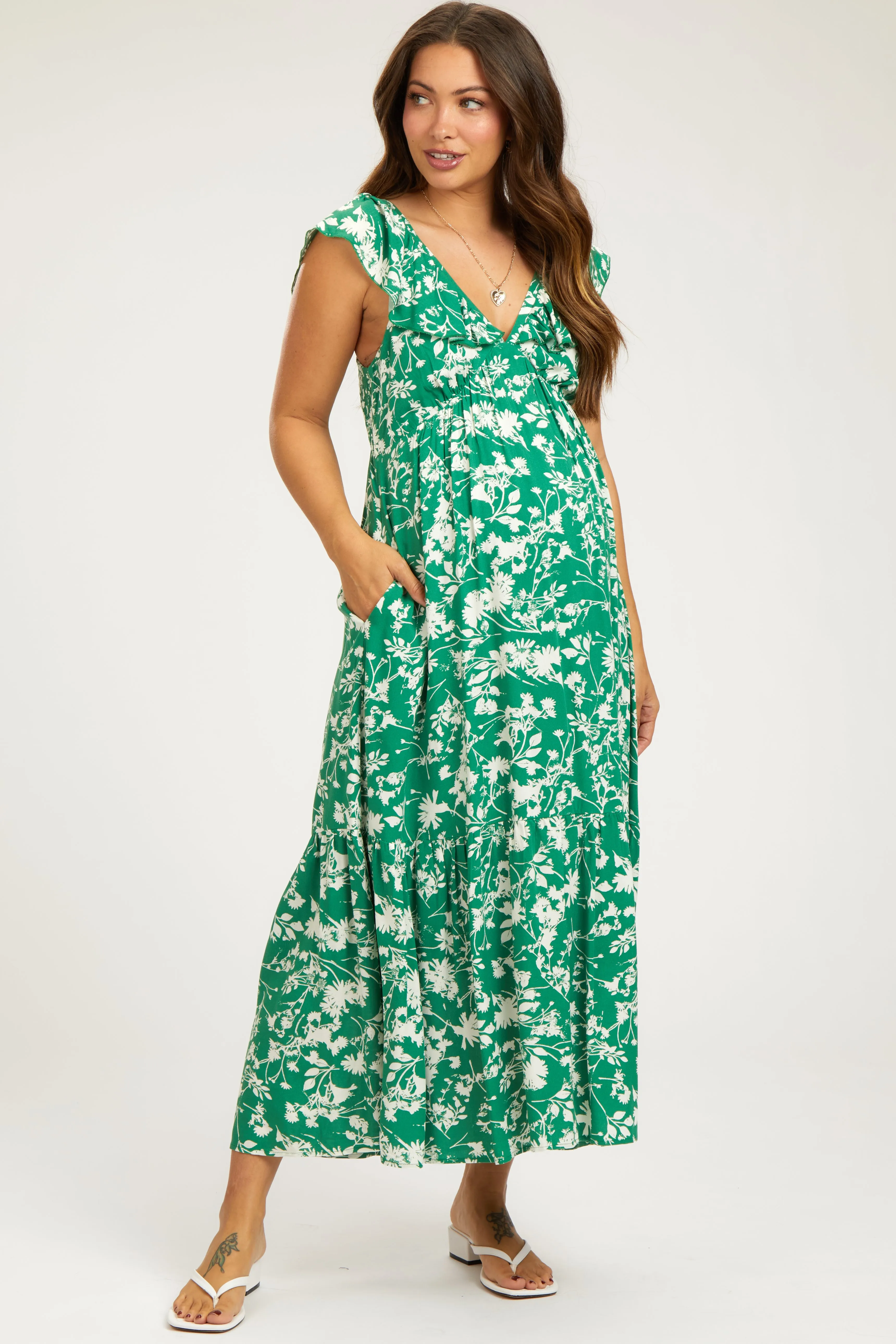 Green Floral Ruffle Maternity Midi Dress sold by Pinkblush