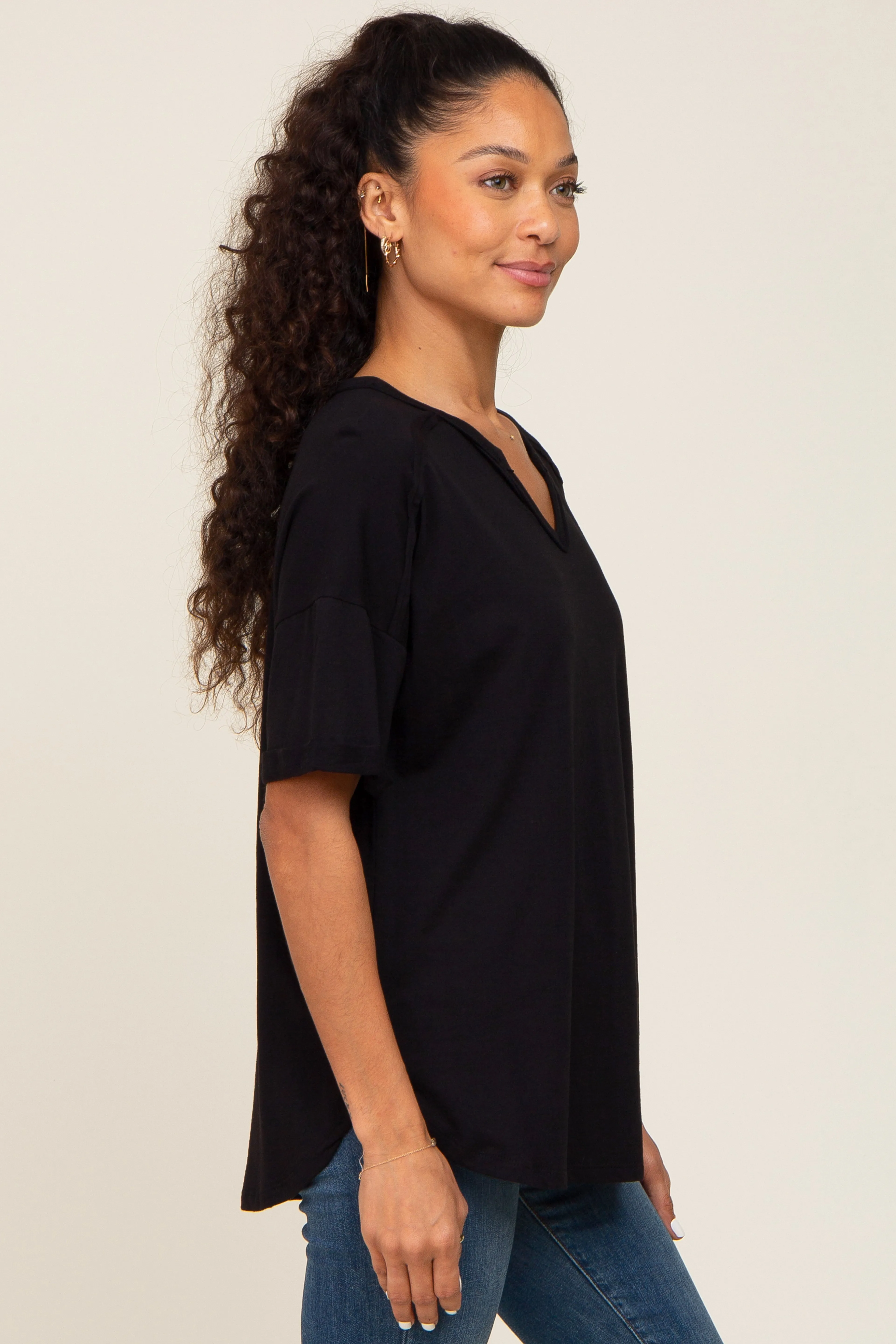 Black Oversized V-Neck Cuffed Short Sleeve Tee sold by Pinkblush product image thumbnail 2