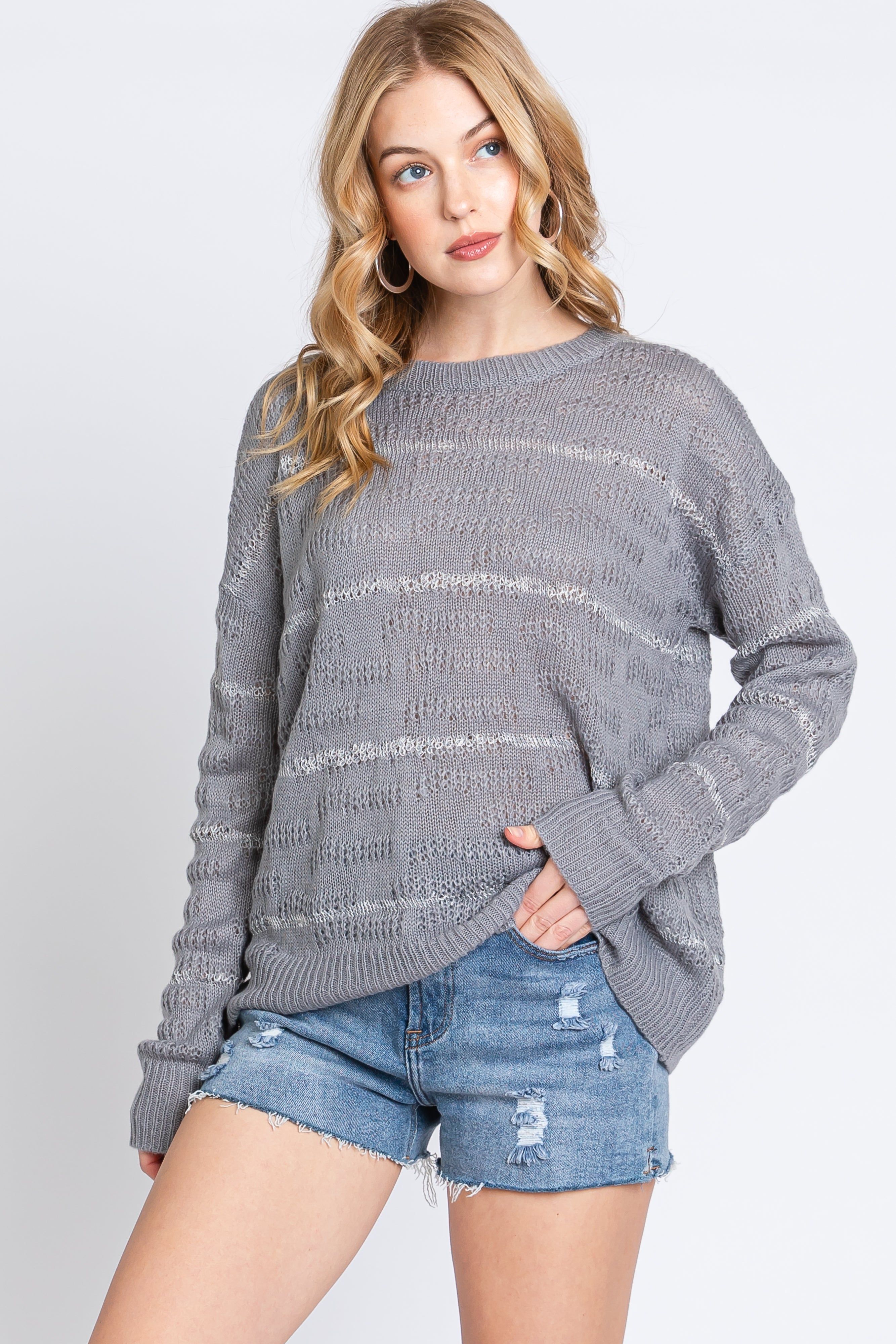 Grey Striped Open Knit Maternity Top sold by Pinkblush product image thumbnail 4