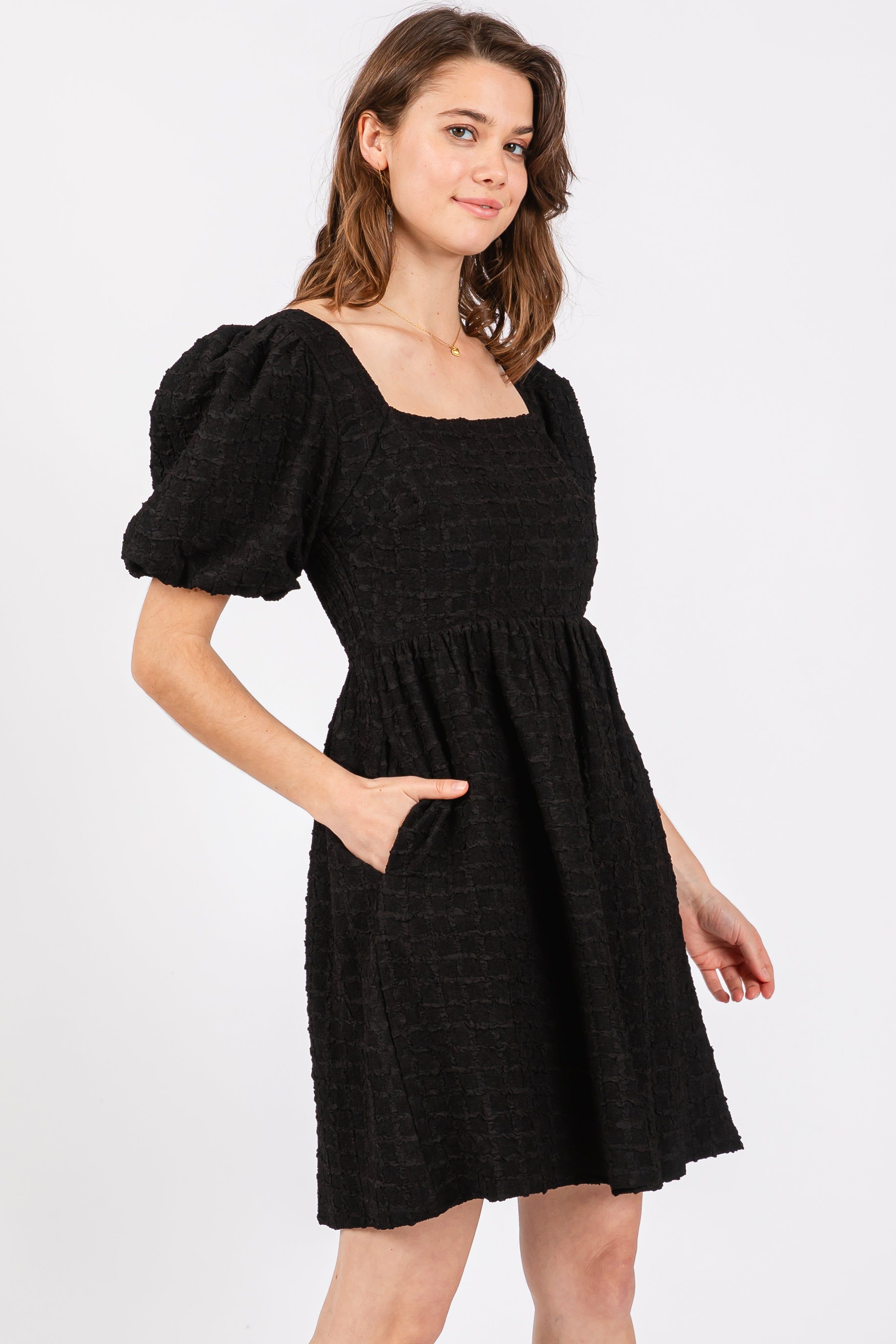 Black Textured Bubble Sleeve Mini Dress sold by Pinkblush product image thumbnail 2