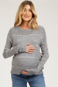 Grey Striped Open Knit Maternity Top sold by Pinkblush