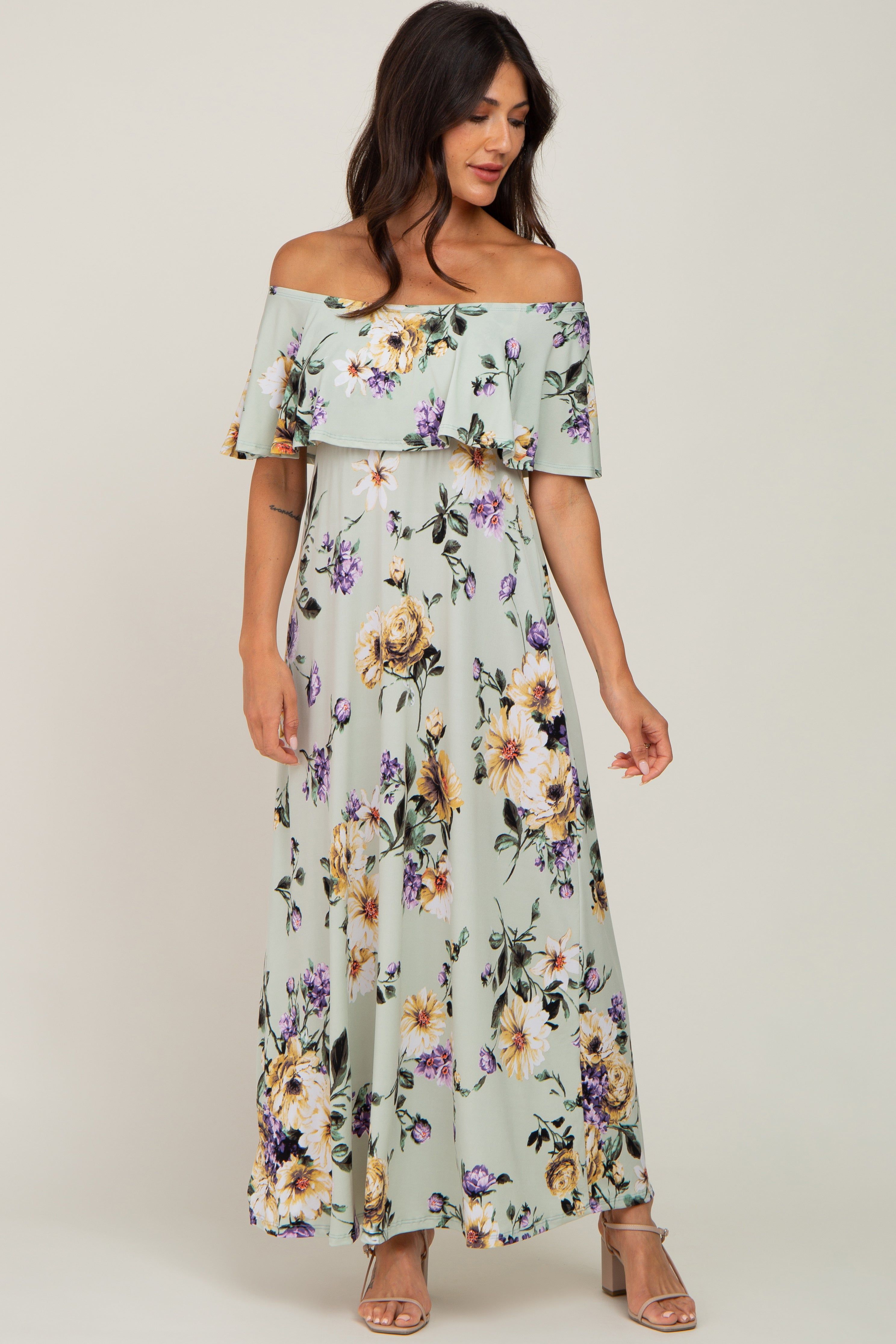 Sage Floral Off Shoulder Maxi Dress sold by Pinkblush product image thumbnail 4
