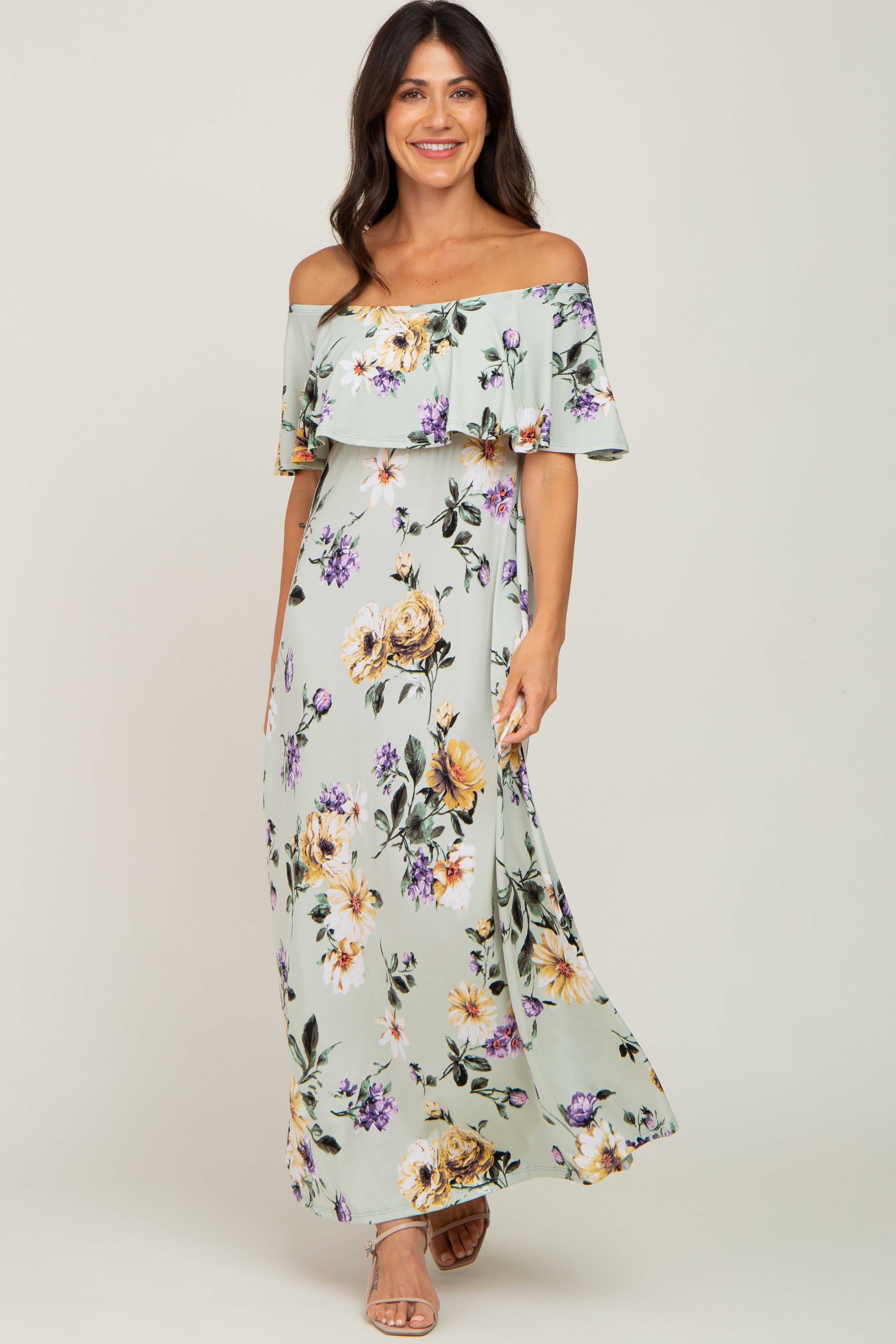 Sage Floral Off Shoulder Maxi Dress sold by Pinkblush