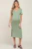 Sage V-Neck Short Sleeve Side Slit Maternity Midi Dress sold by Pinkblush