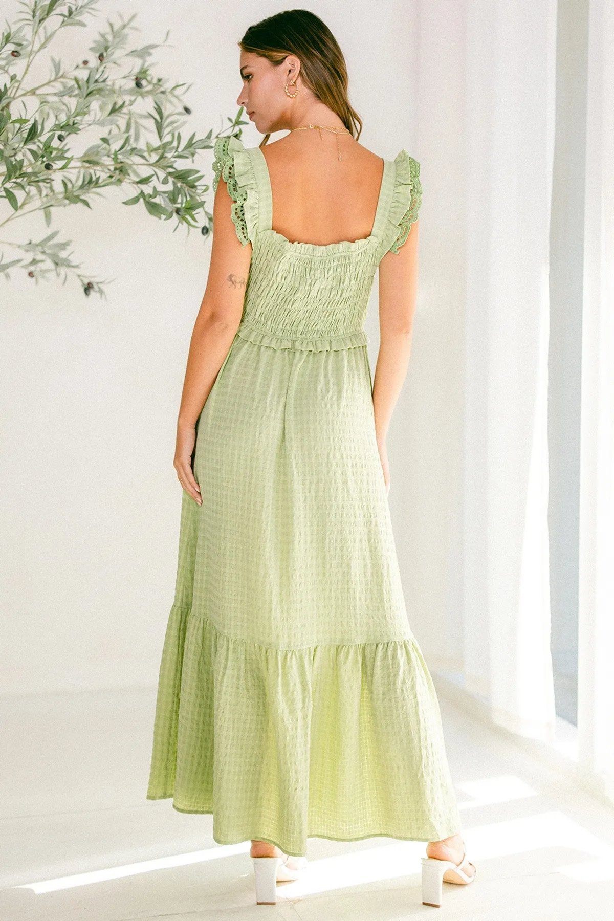 Green Contrast Gauze Eyelet Lace Detail Maxi Dress sold by Pinkblush product image thumbnail 3