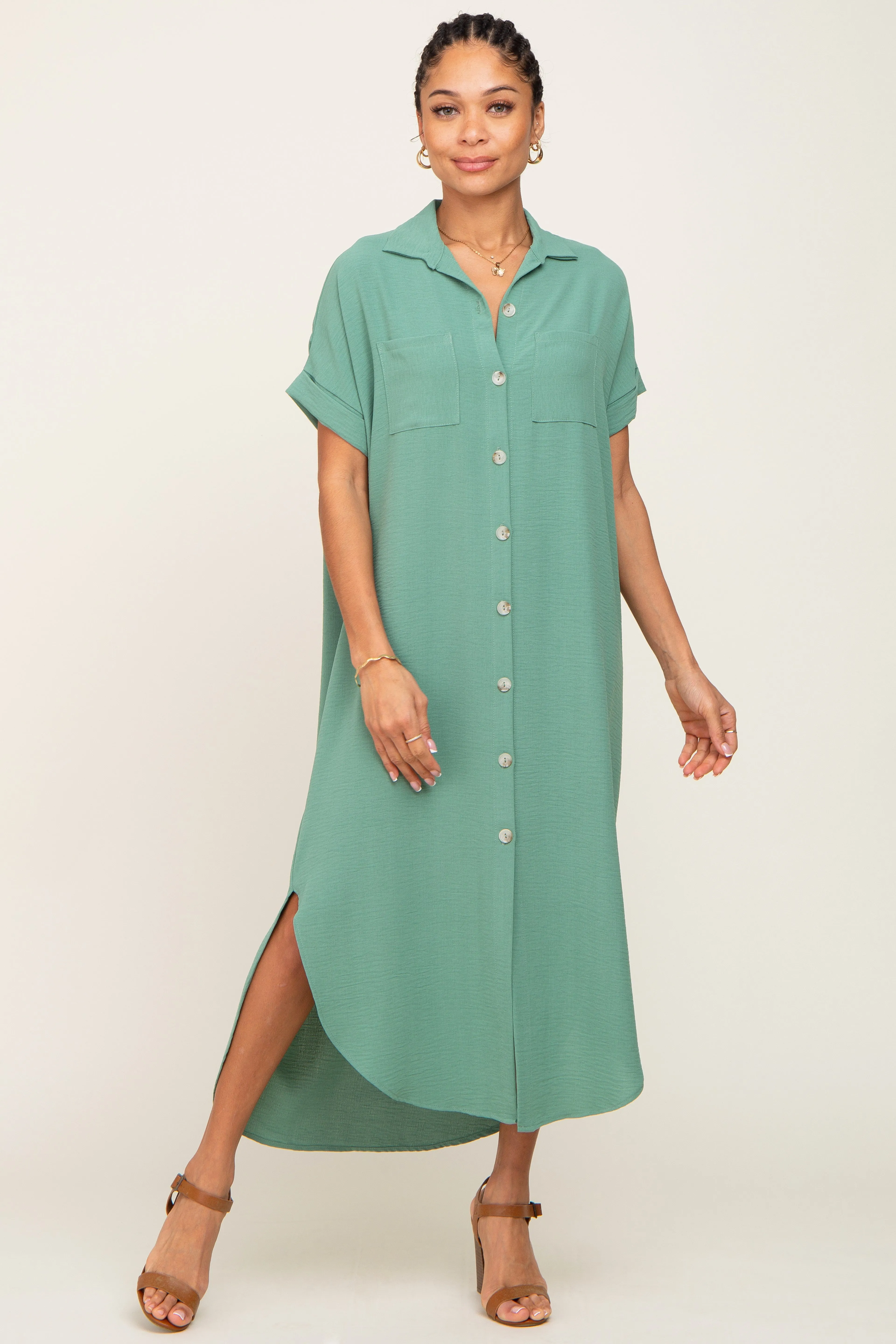 Green Button Down Hi Low Maxi Dress sold by Pinkblush product image thumbnail 4