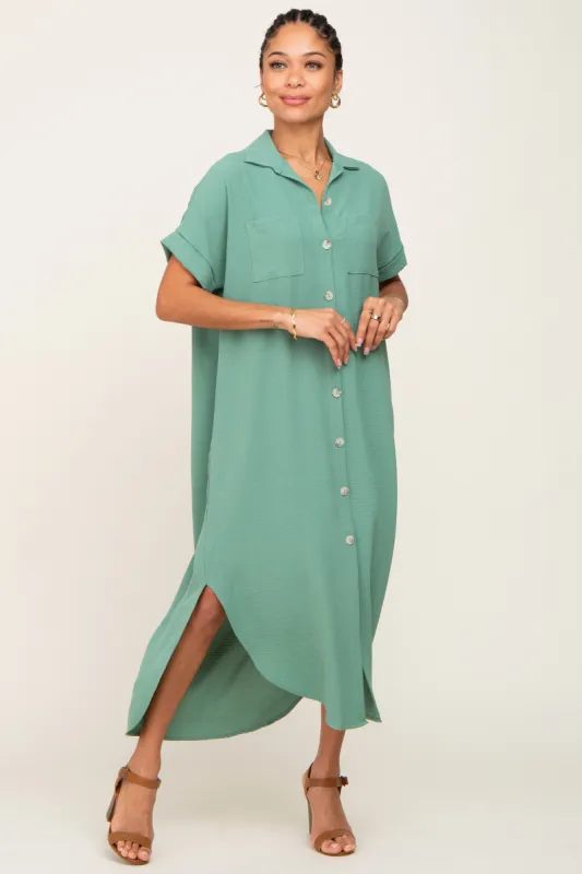 Green Button Down Hi Low Maxi Dress sold by Pinkblush