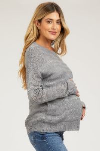 Grey Striped Open Knit Maternity Top sold by Pinkblush