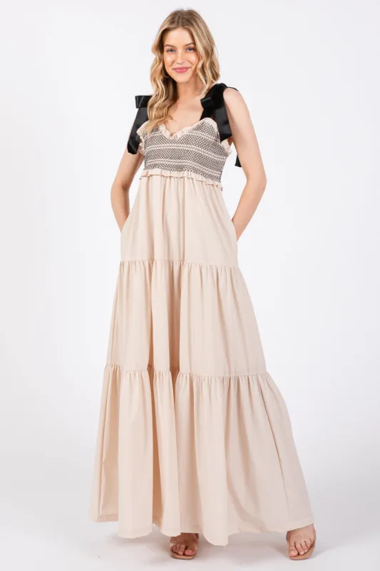 Beige Sweetheart Neck Smocked Embroidered Ribbon Shoulder Tie Midi Dress sold by Pinkblush