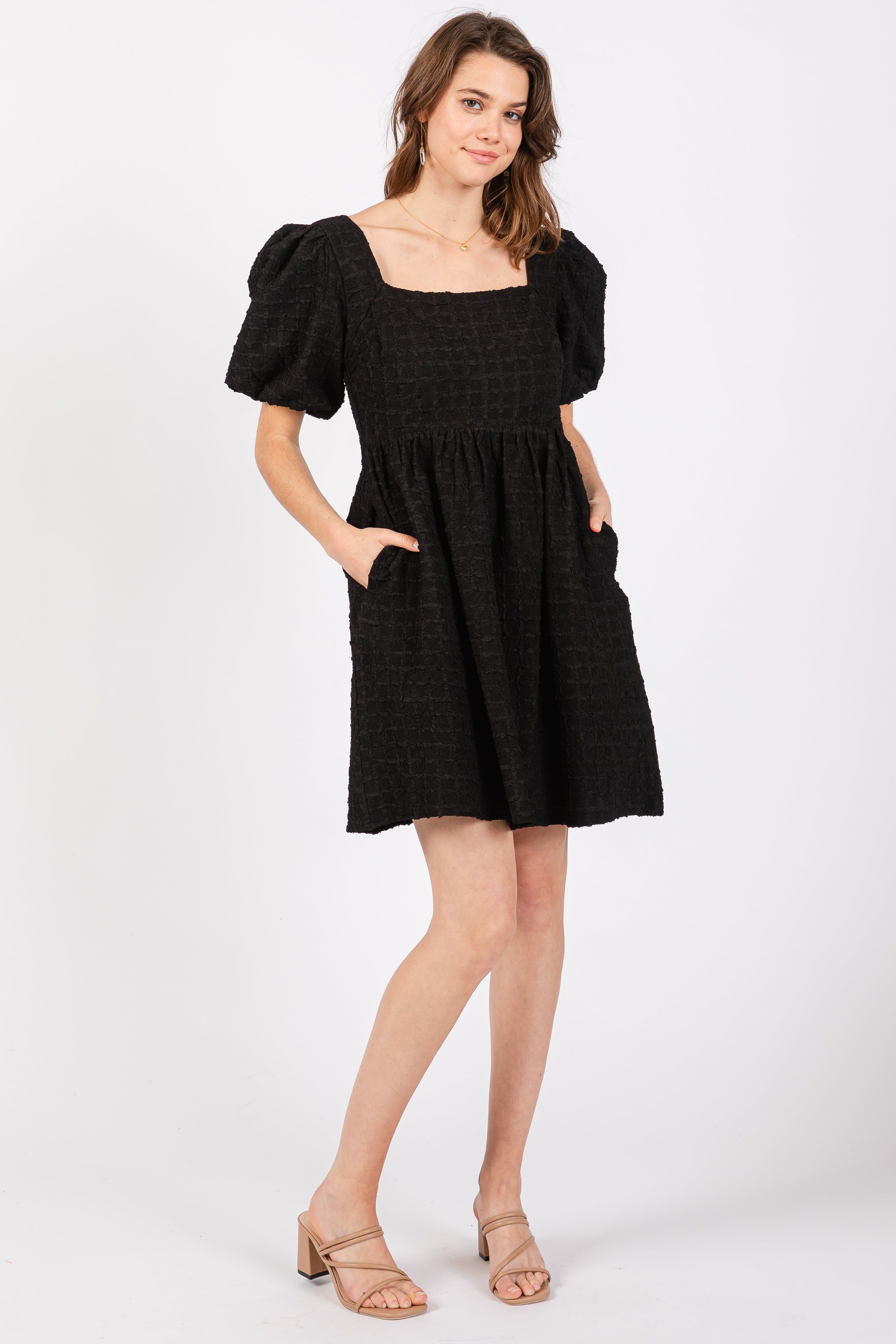 Black Textured Bubble Sleeve Mini Dress sold by Pinkblush product image thumbnail 4