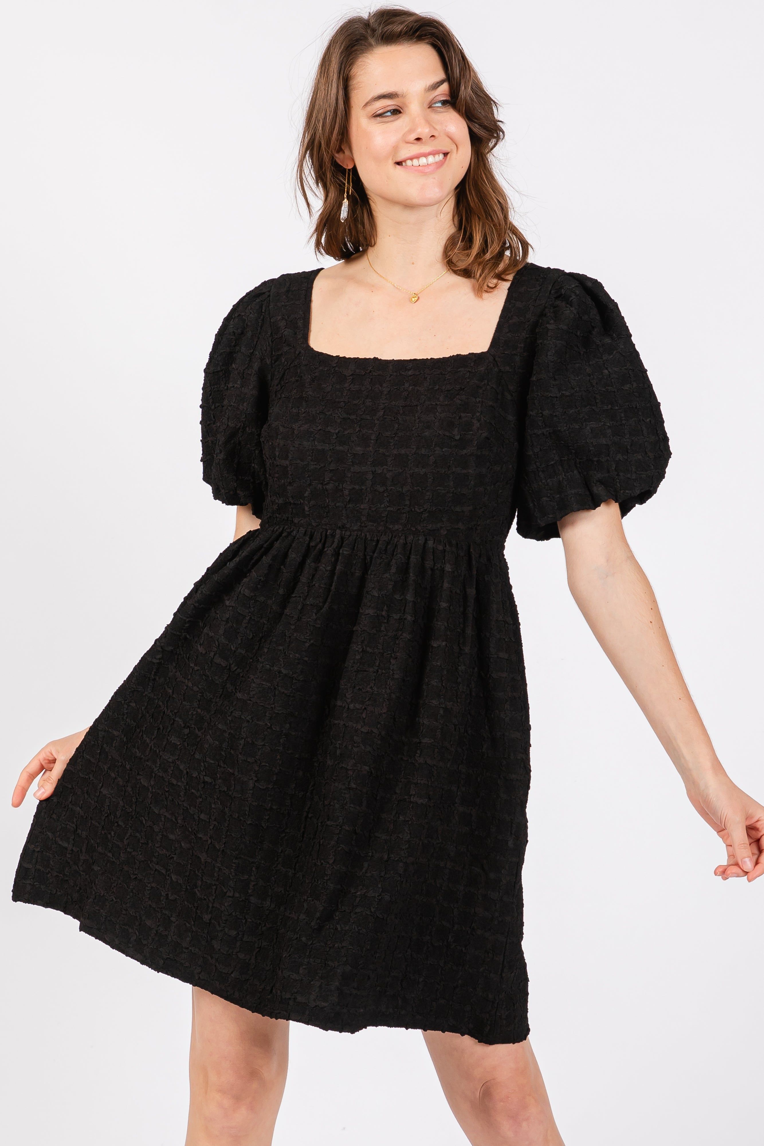 Black Textured Bubble Sleeve Mini Dress sold by Pinkblush