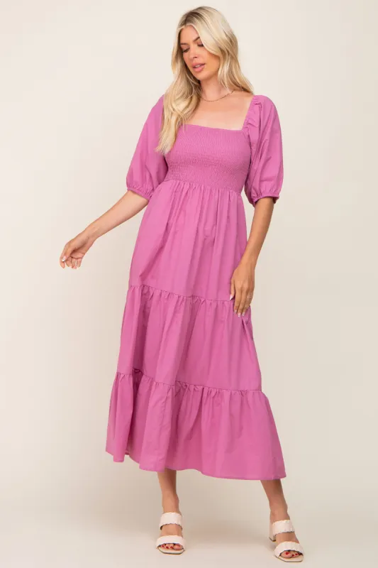 Fuchsia Square Neck Smocked Tiered Maxi Dress sold by Pinkblush
