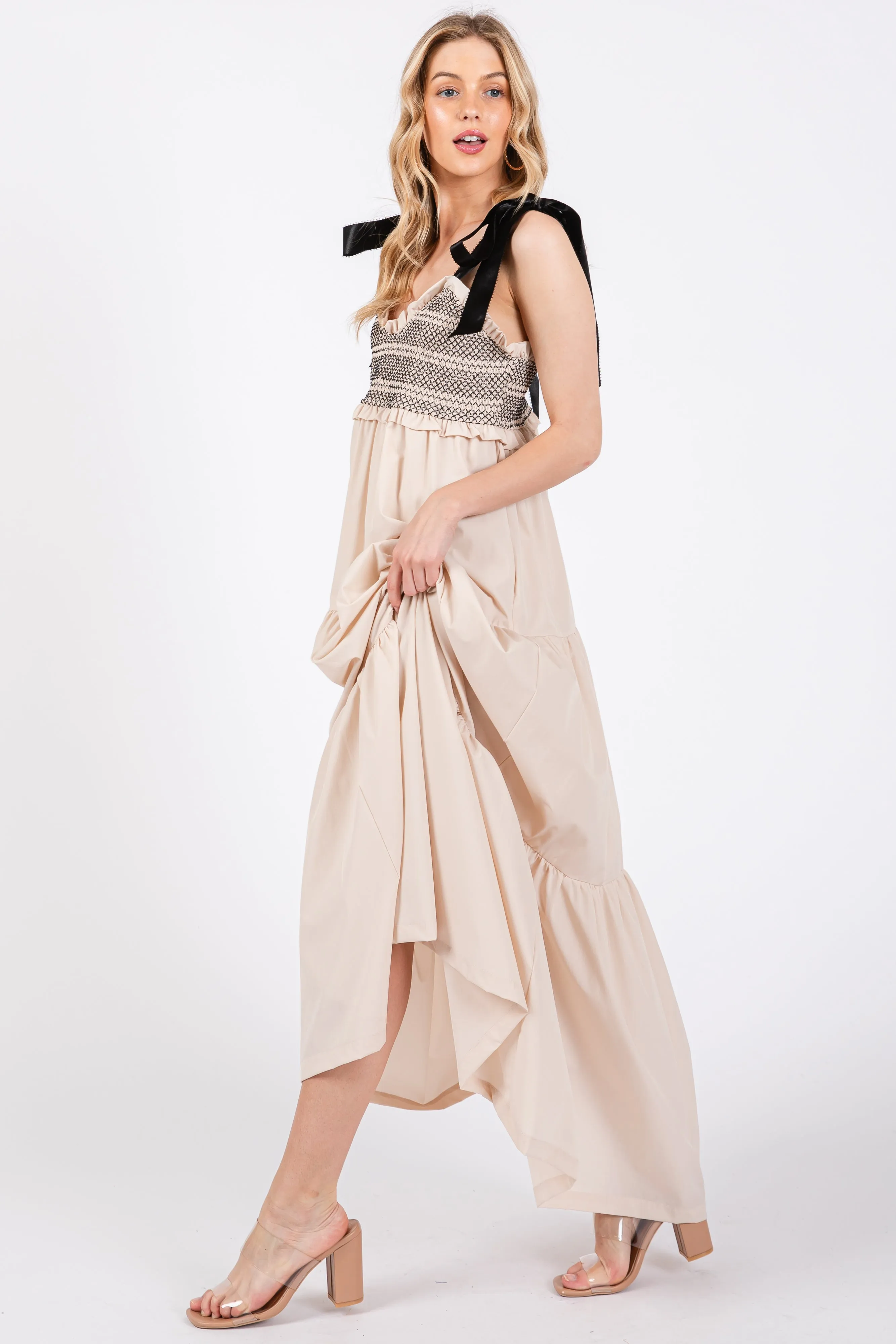 Beige Sweetheart Neck Smocked Embroidered Ribbon Shoulder Tie Midi Dress sold by Pinkblush product image thumbnail 2