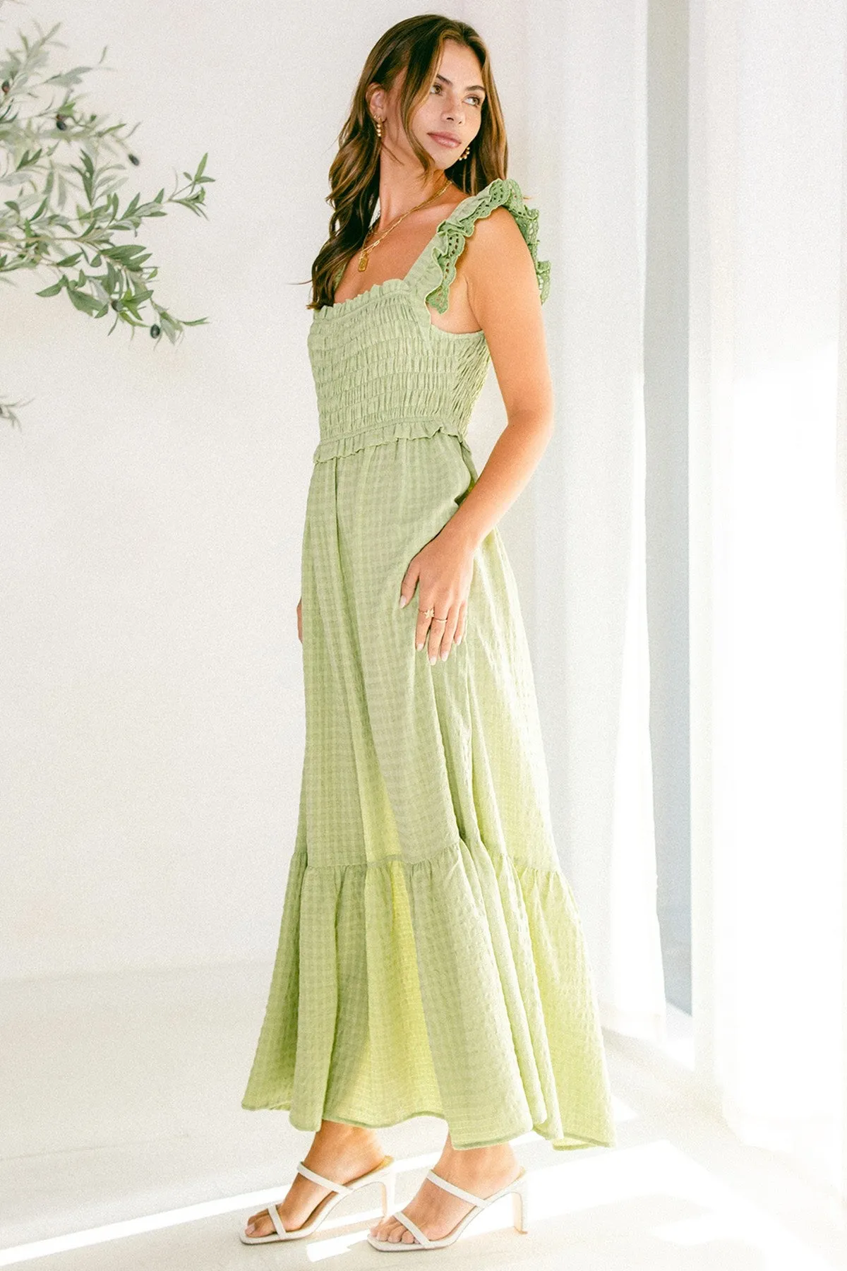 Green Contrast Gauze Eyelet Lace Detail Maxi Dress sold by Pinkblush product image thumbnail 2