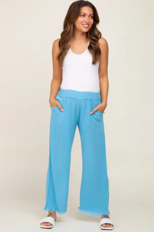 Aqua Blue Linen Frayed Hem Crop Maternity Pants sold by Pinkblush