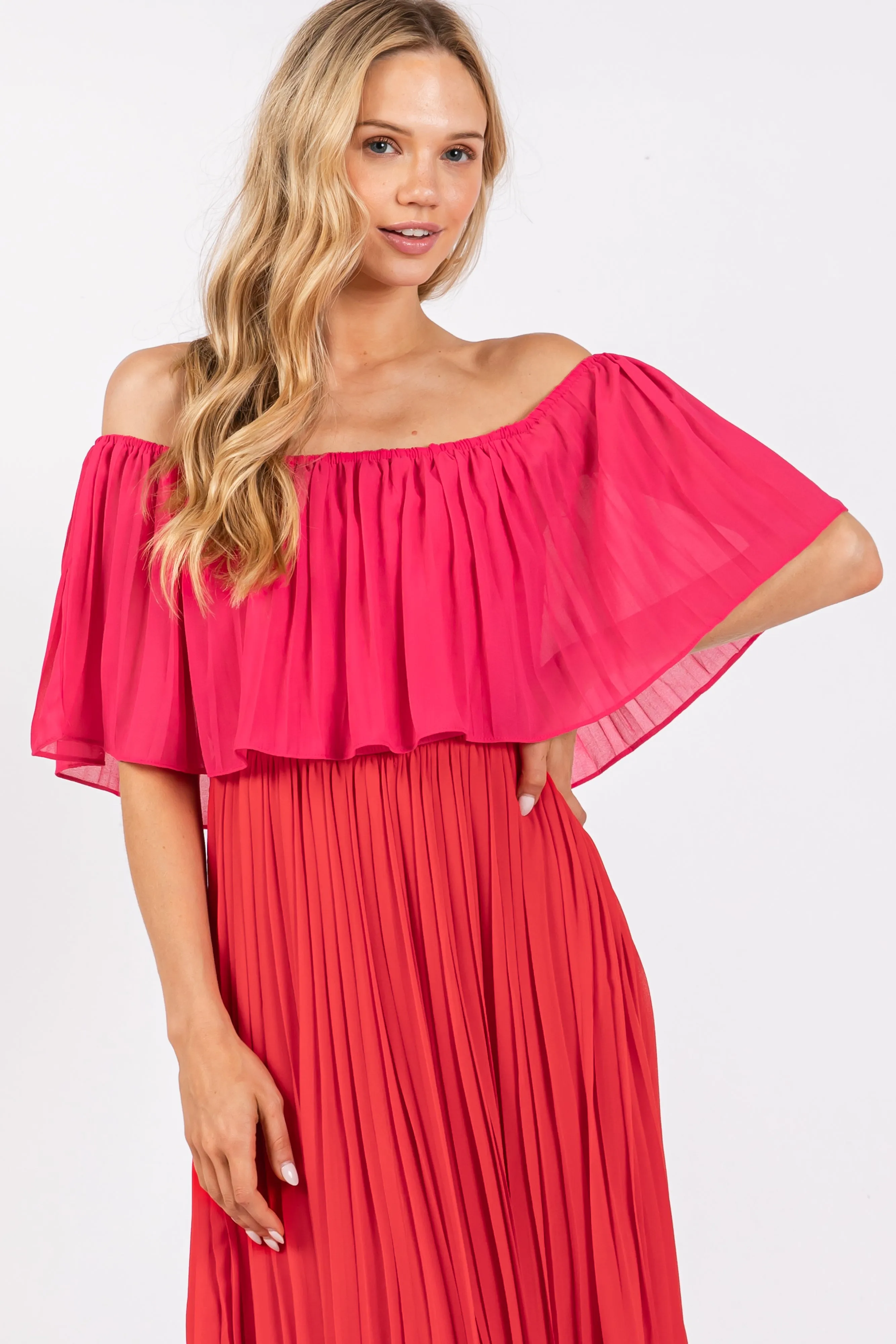 Red Pleated Off Shoulder Colorblock Maxi Dress sold by Pinkblush product image thumbnail 4
