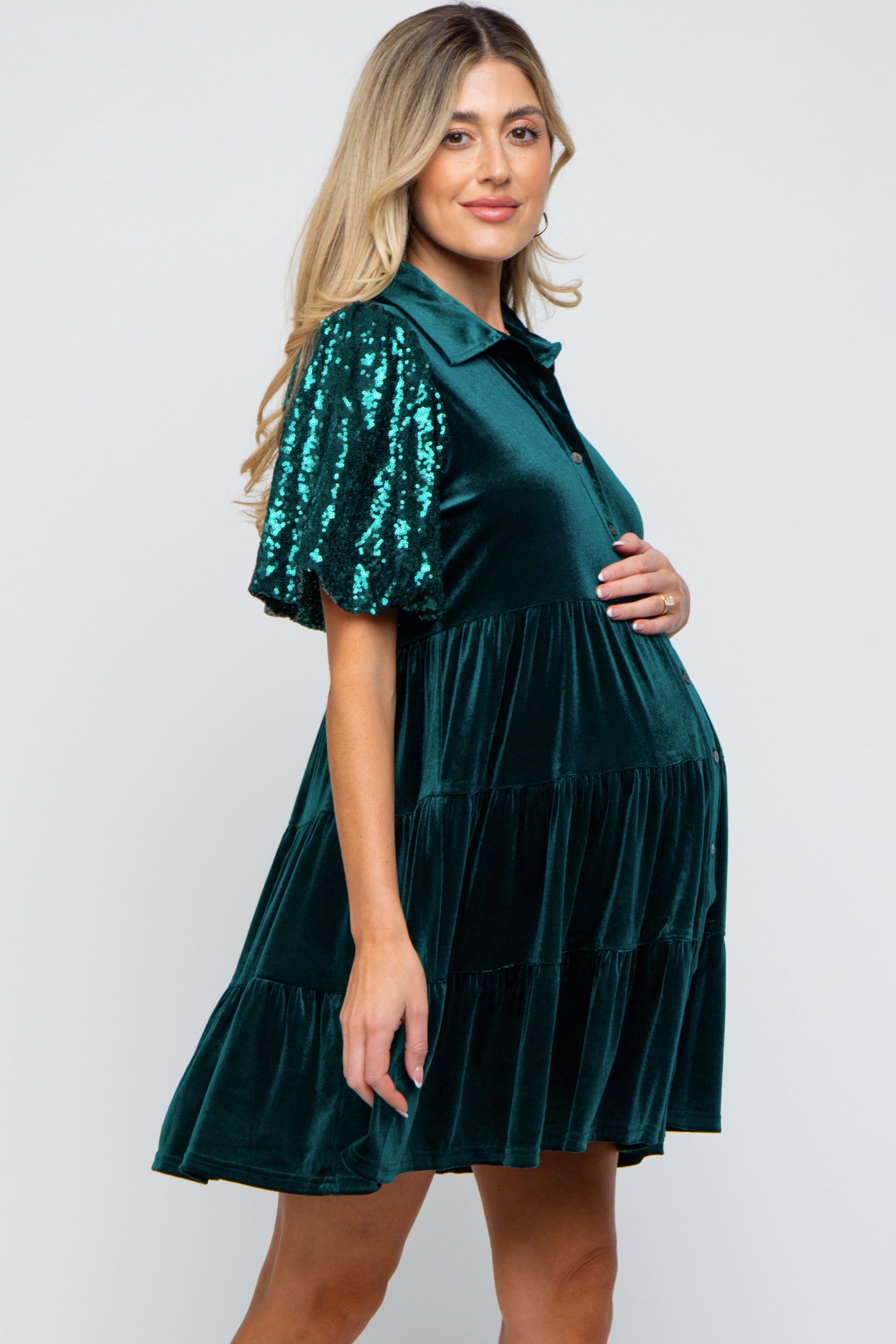 Forest Green Velvet Tiered Sequin Short Sleeve Maternity Dress sold by Pinkblush product image thumbnail 2