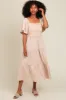 Beige Crochet Tiered Lace Midi Dress sold by Pinkblush