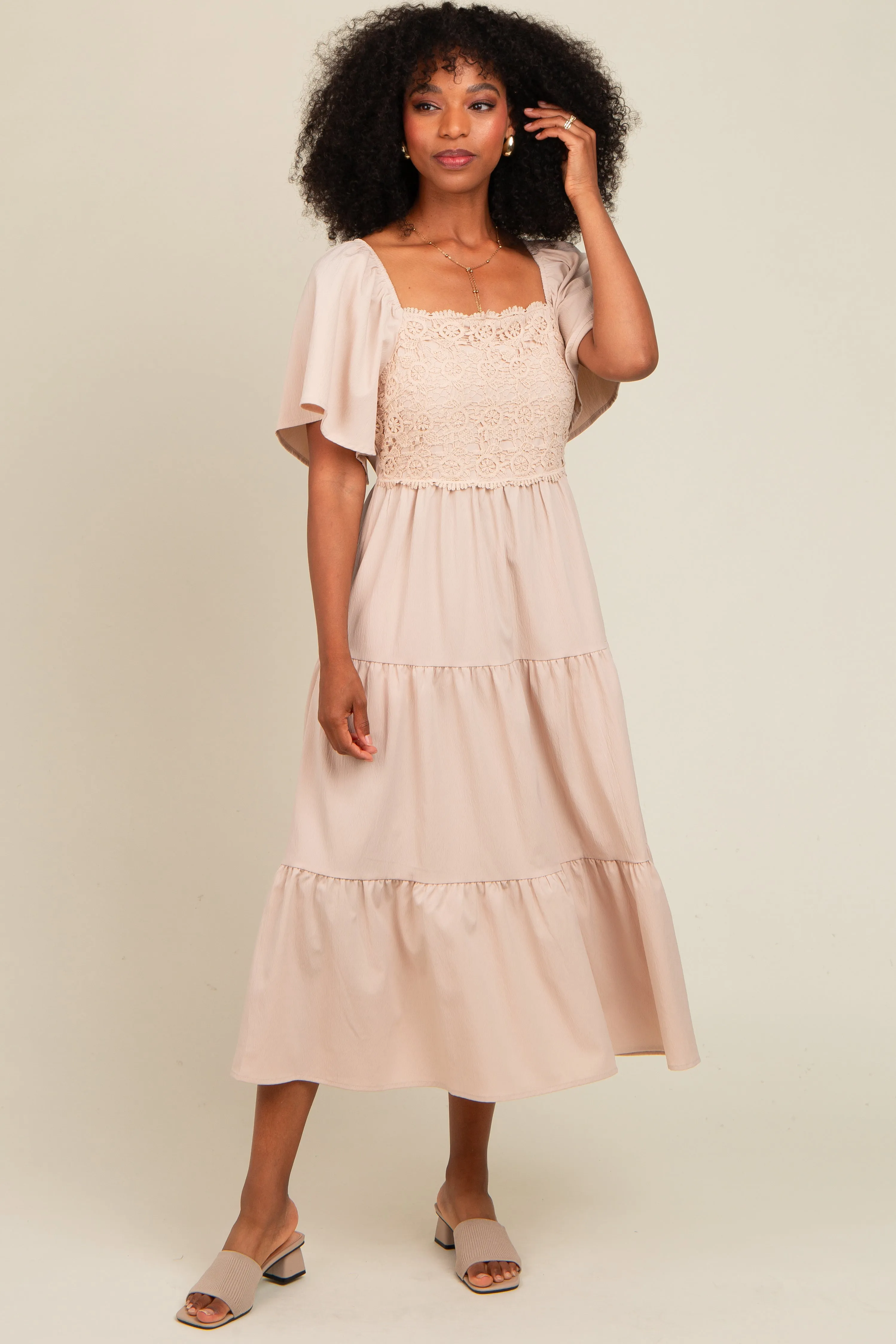Beige Crochet Tiered Lace Midi Dress sold by Pinkblush product image thumbnail 2