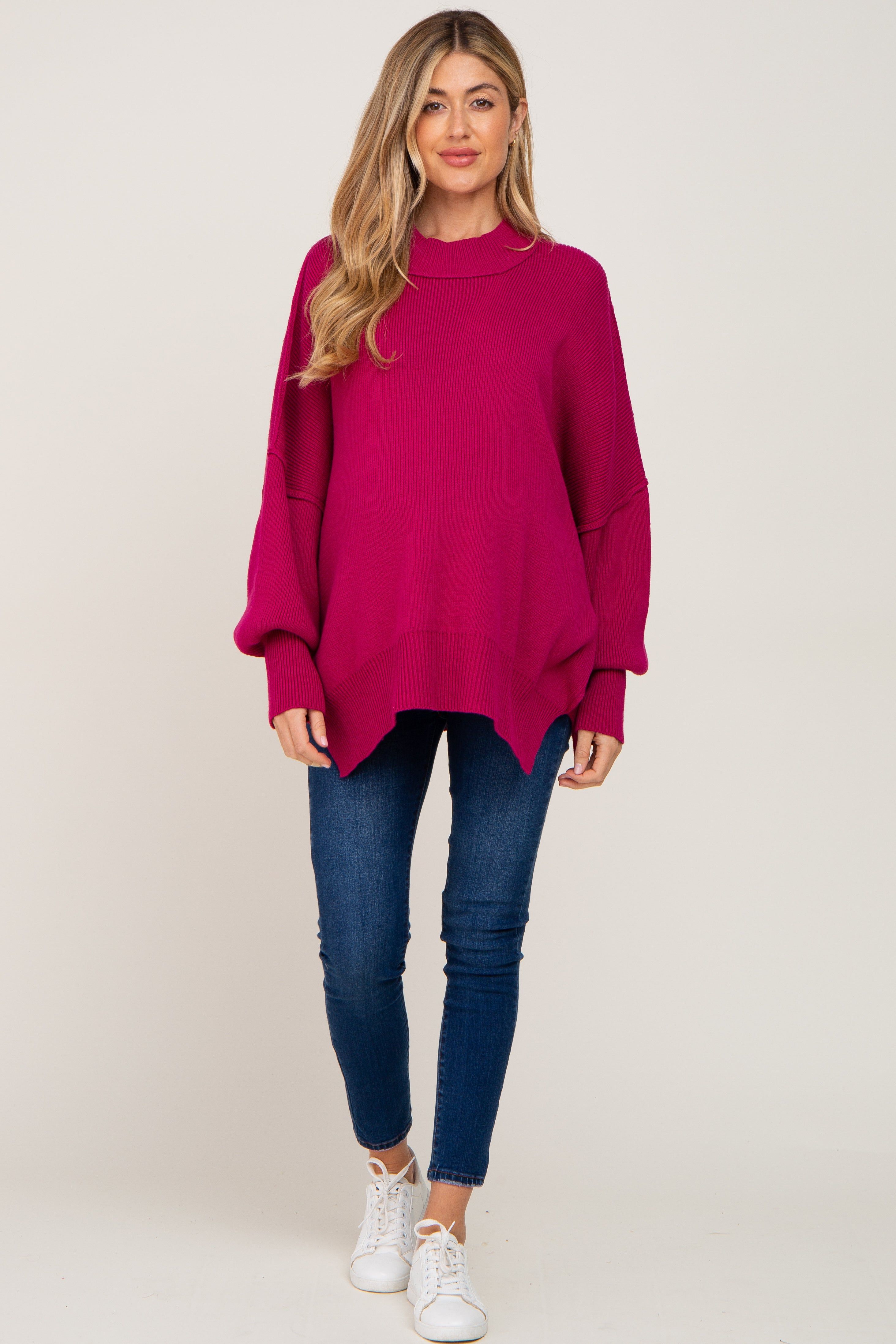 Magenta Mock Neck Side Slit Oversized Maternity Sweater sold by Pinkblush product image thumbnail 4