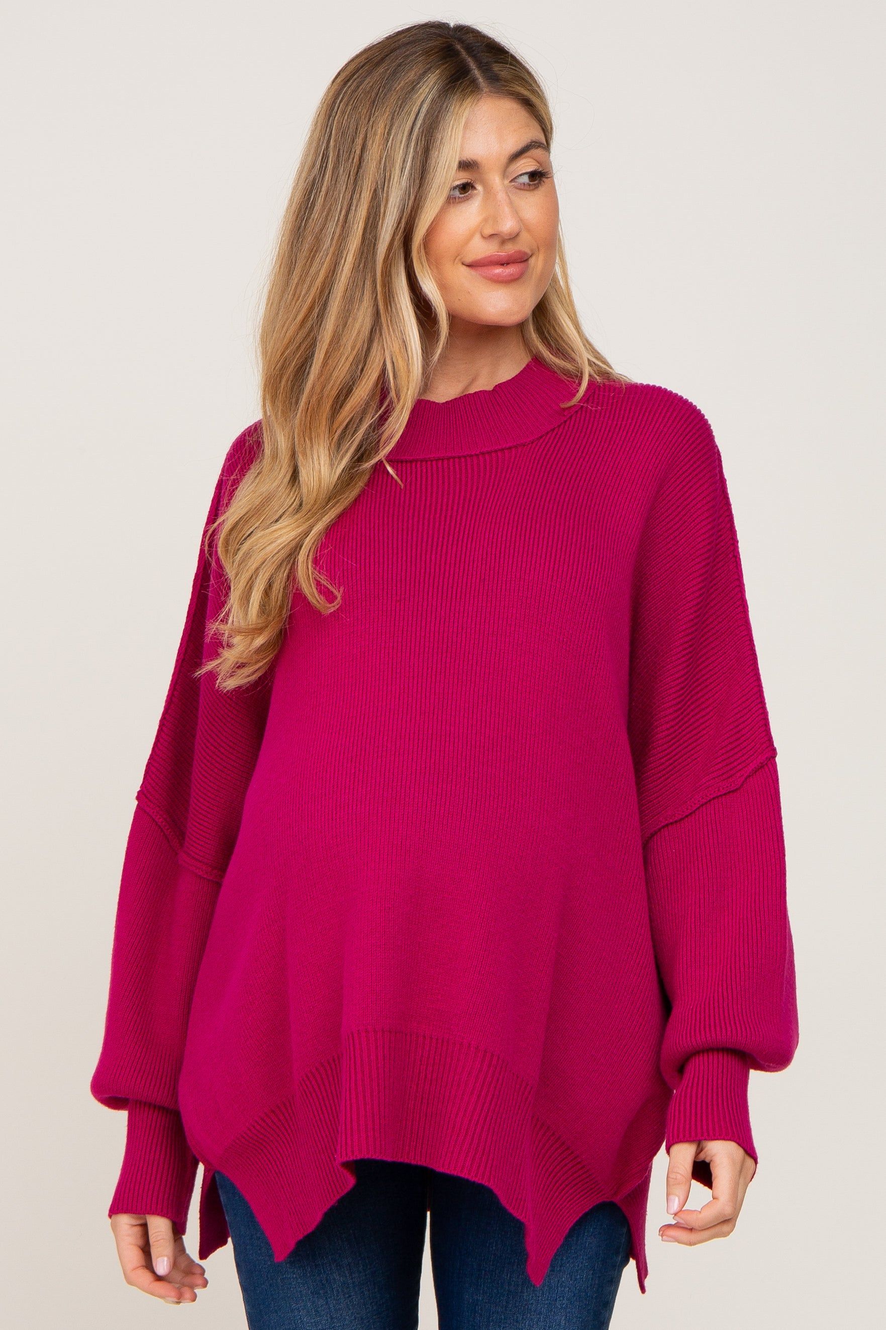 Magenta Mock Neck Side Slit Oversized Maternity Sweater sold by Pinkblush