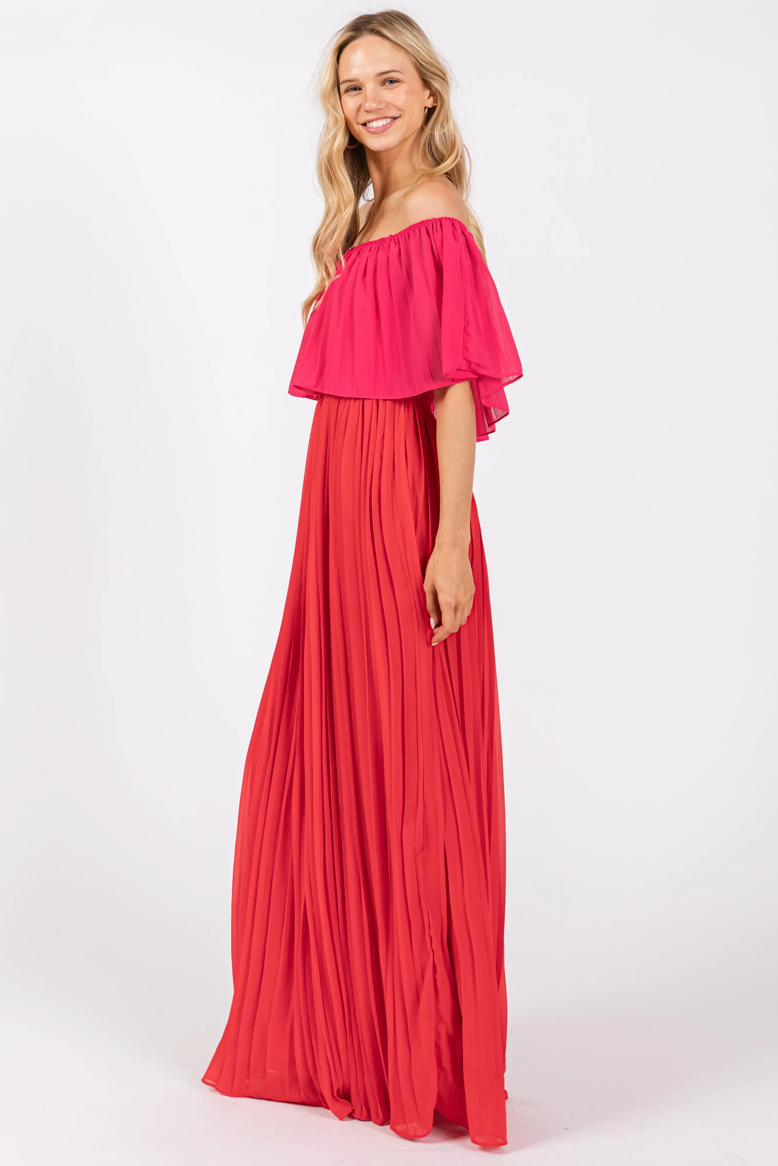 Red Pleated Off Shoulder Colorblock Maxi Dress sold by Pinkblush product image thumbnail 2