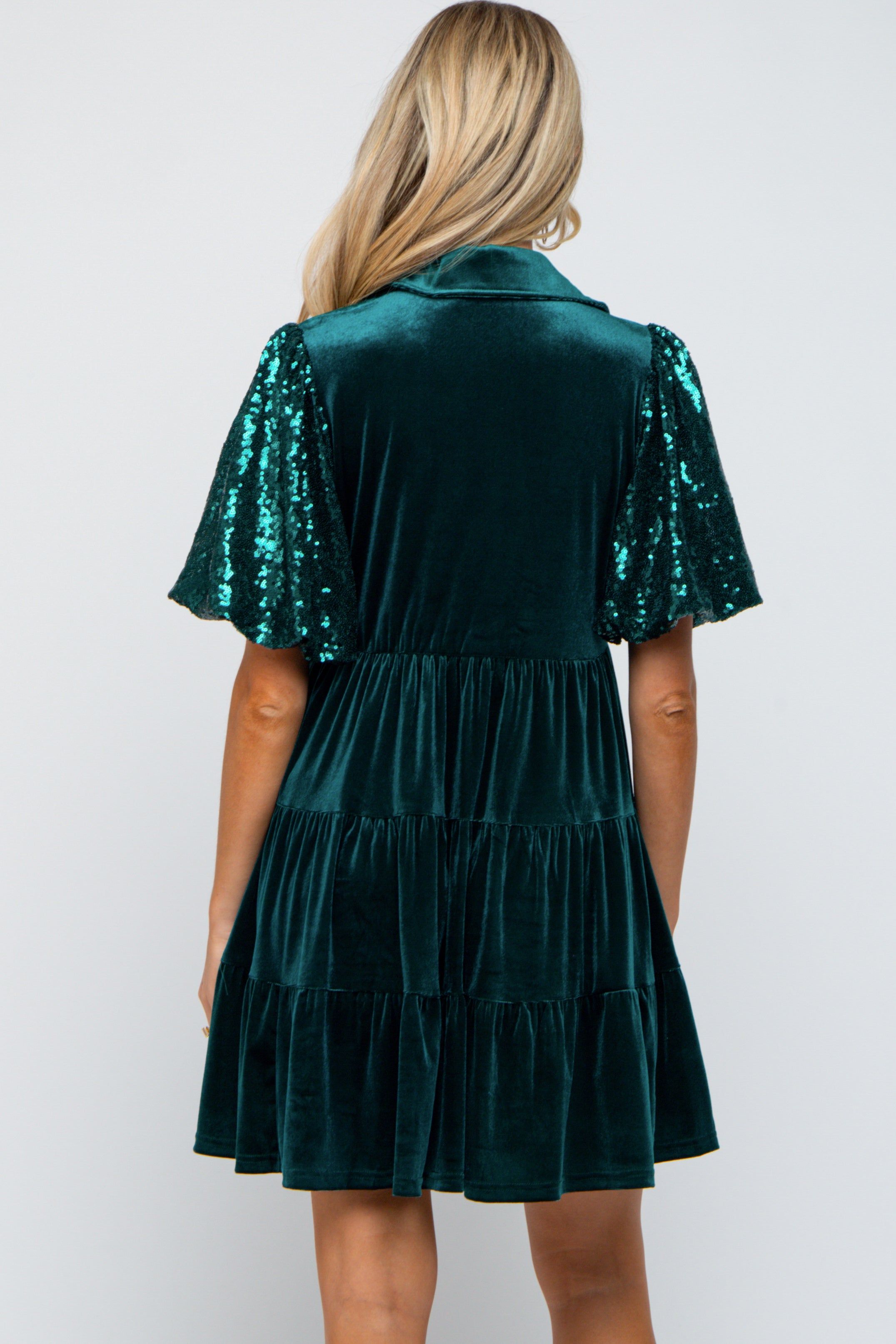 Forest Green Velvet Tiered Sequin Short Sleeve Maternity Dress sold by Pinkblush product image thumbnail 3