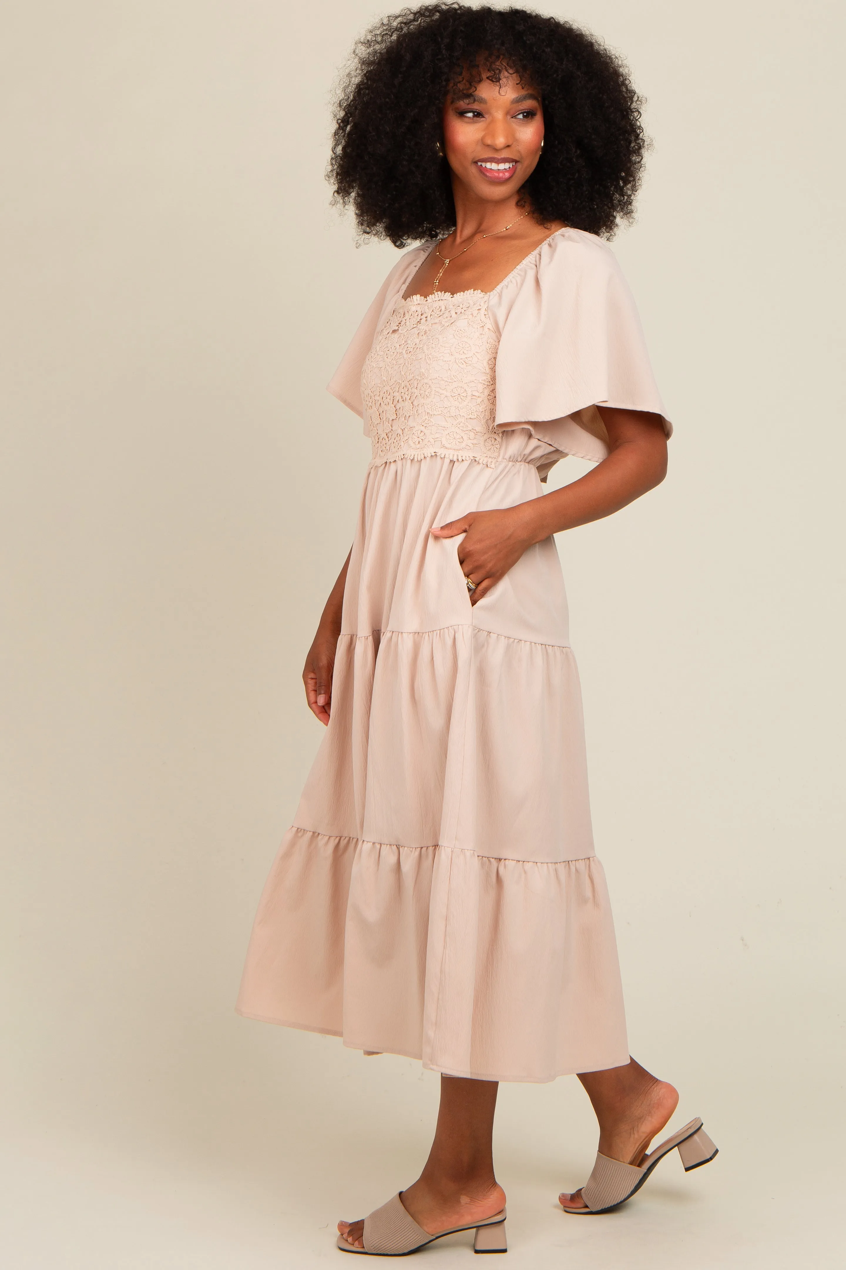 Beige Crochet Tiered Lace Midi Dress sold by Pinkblush product image thumbnail 3