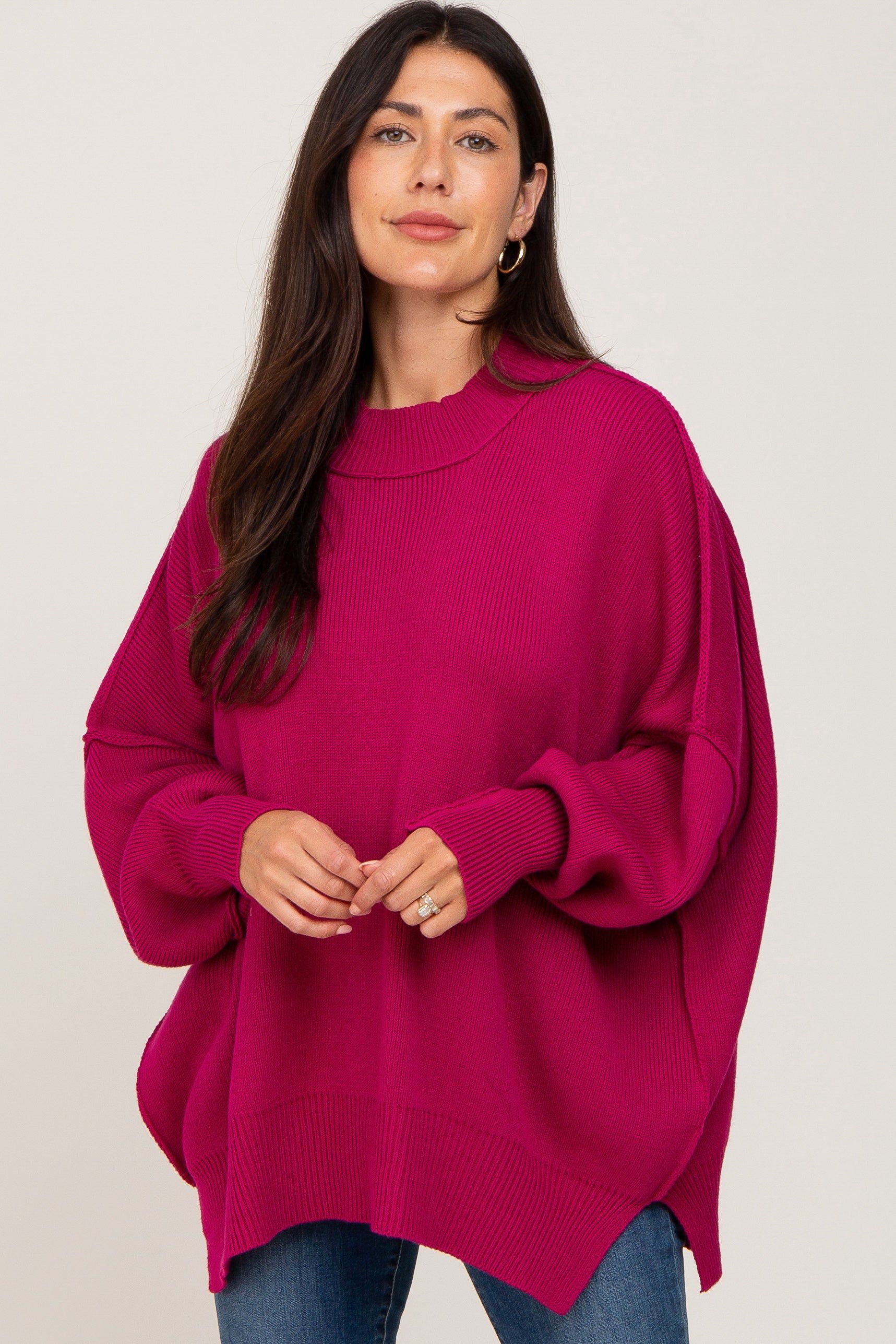Magenta Mock Neck Side Slit Oversized Maternity Sweater sold by Pinkblush product image thumbnail 5