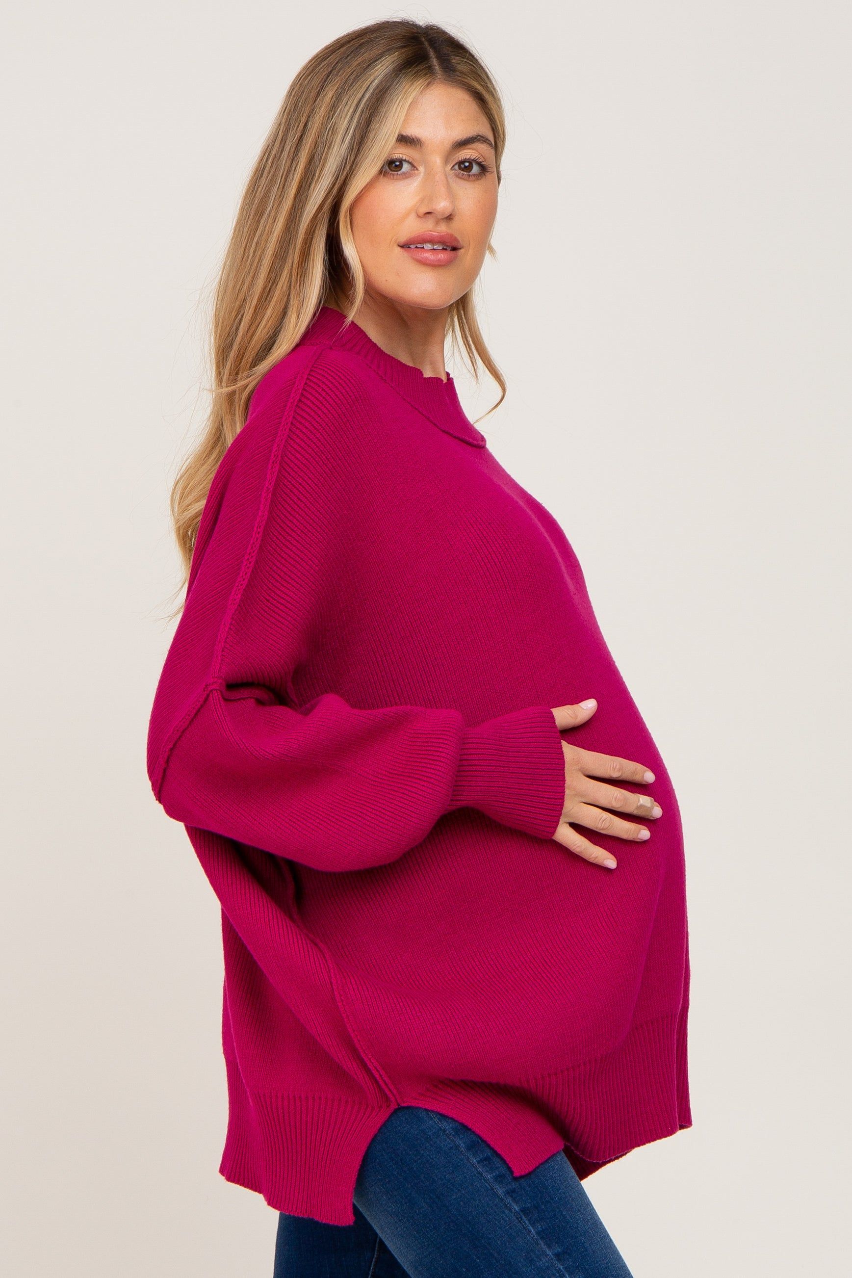 Magenta Mock Neck Side Slit Oversized Maternity Sweater sold by Pinkblush product image thumbnail 2