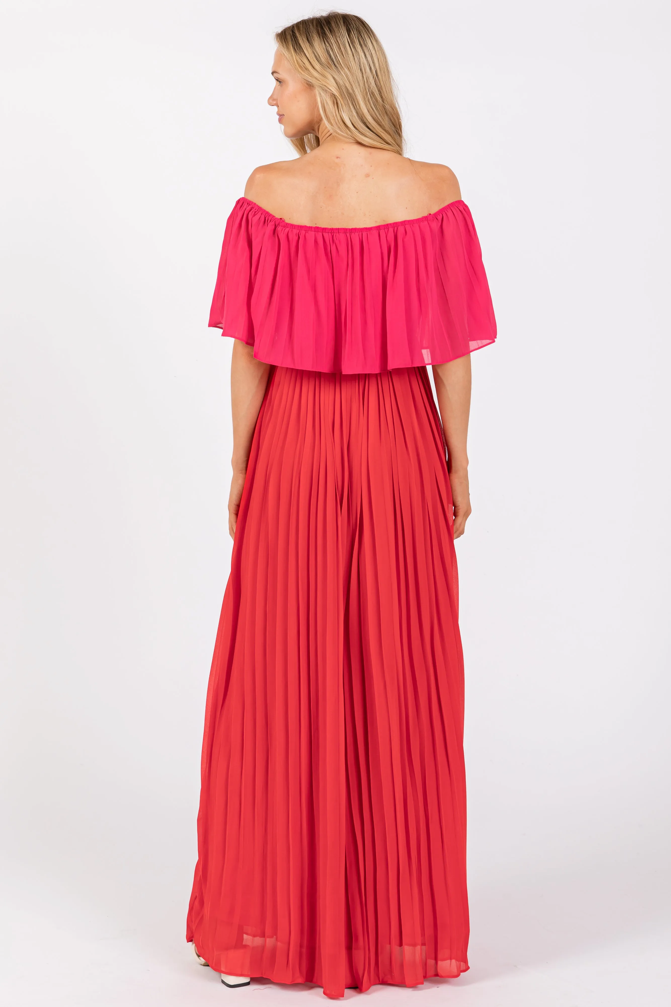 Red Pleated Off Shoulder Colorblock Maxi Dress sold by Pinkblush product image thumbnail 3