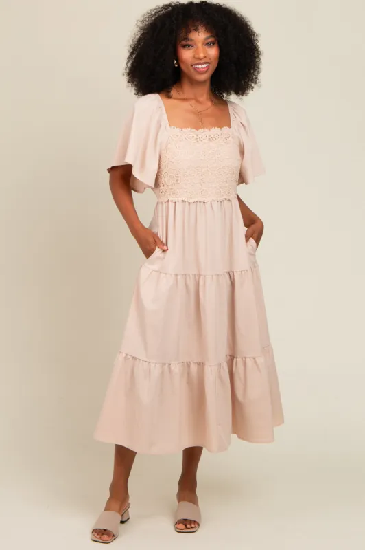 Beige Crochet Tiered Lace Midi Dress sold by Pinkblush