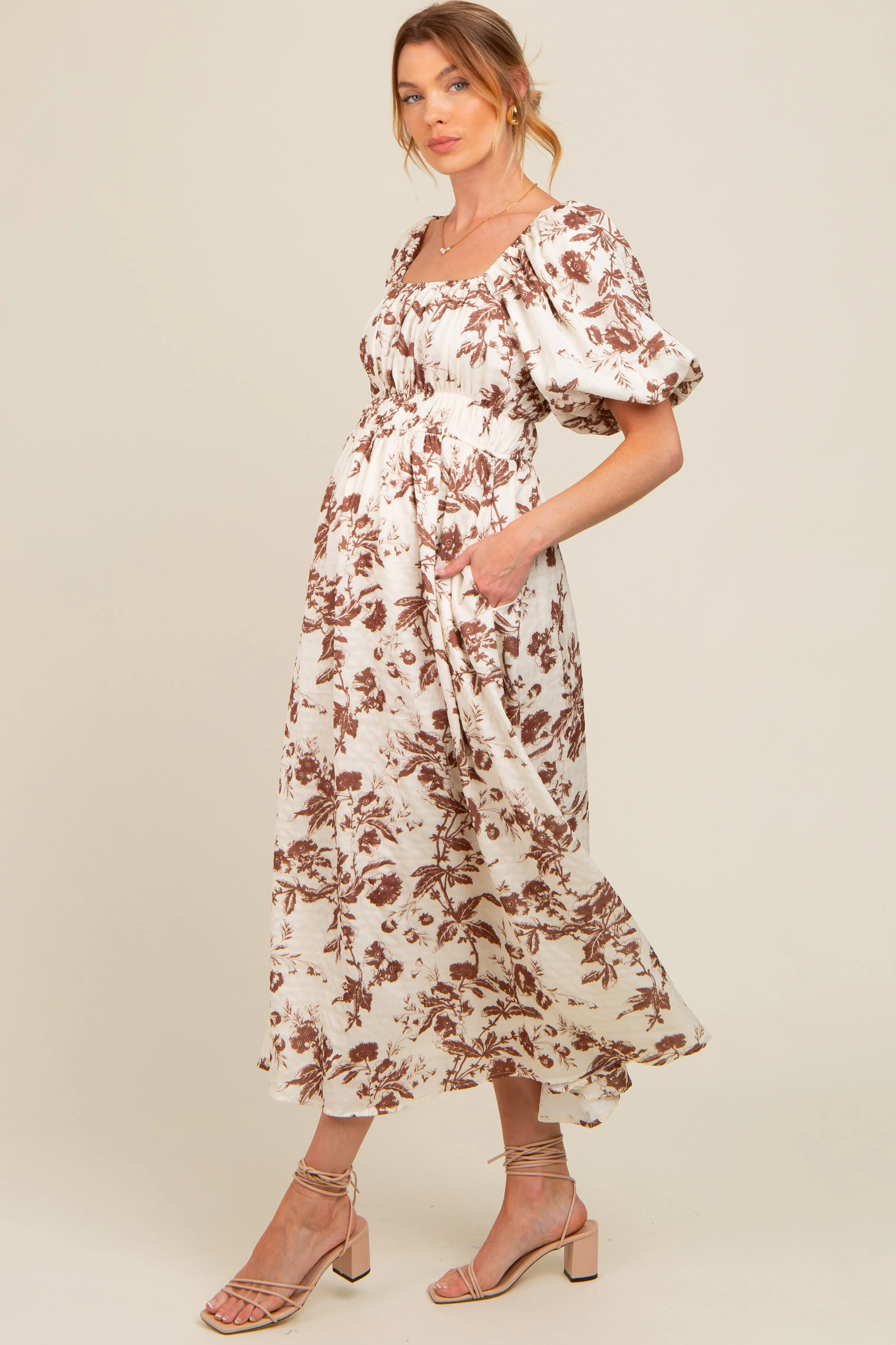 Brown Floral Puff Sleeve Maternity Midi Dress sold by Pinkblush