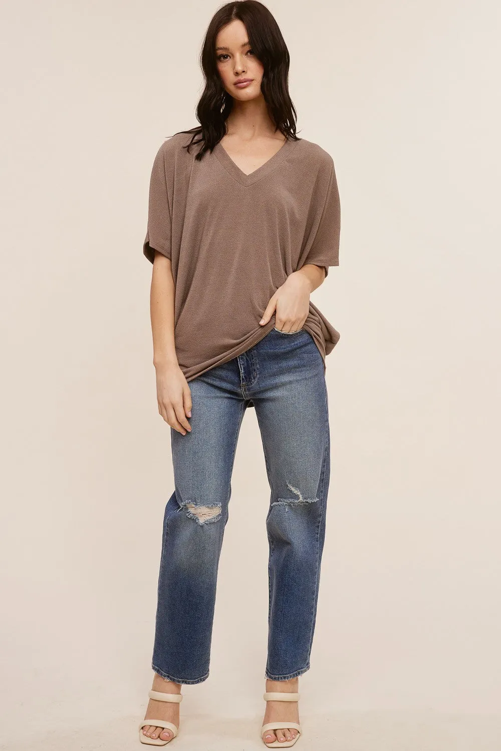 Mocha V-Neck Crepe Knit Top sold by Pinkblush product image thumbnail 5