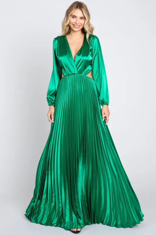 Green Satin Low Back Cutout Pleated Maxi Dress sold by Pinkblush