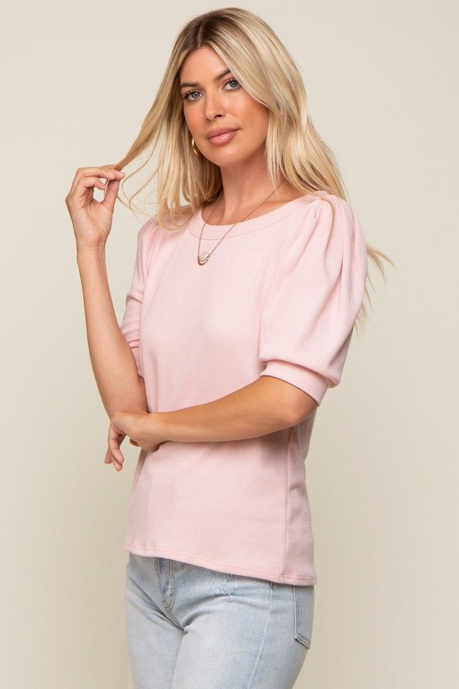 Light Pink Puff Sleeve Waffle Knit Top sold by Pinkblush product image thumbnail 2