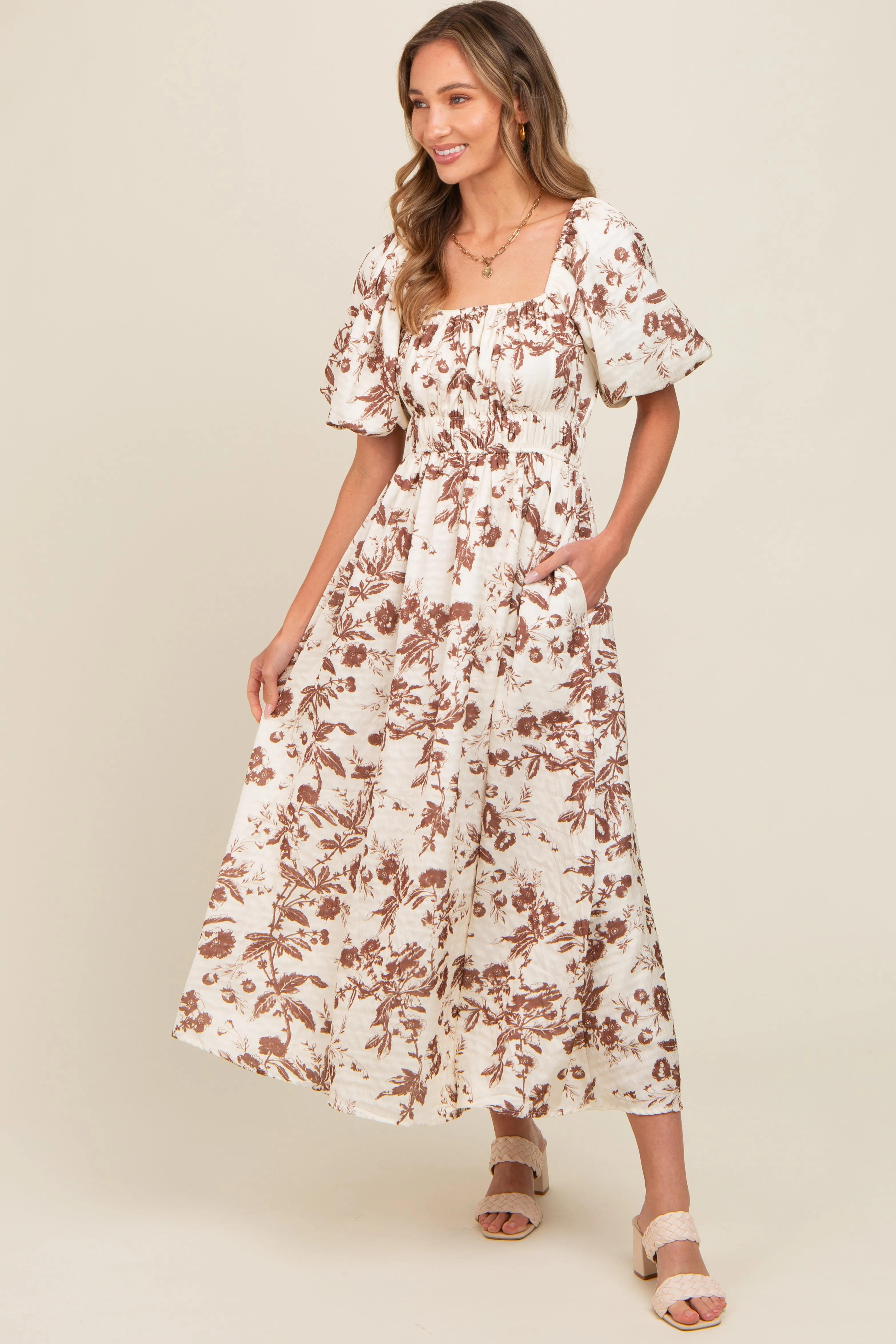Brown Floral Puff Sleeve Maternity Midi Dress sold by Pinkblush product image thumbnail 5
