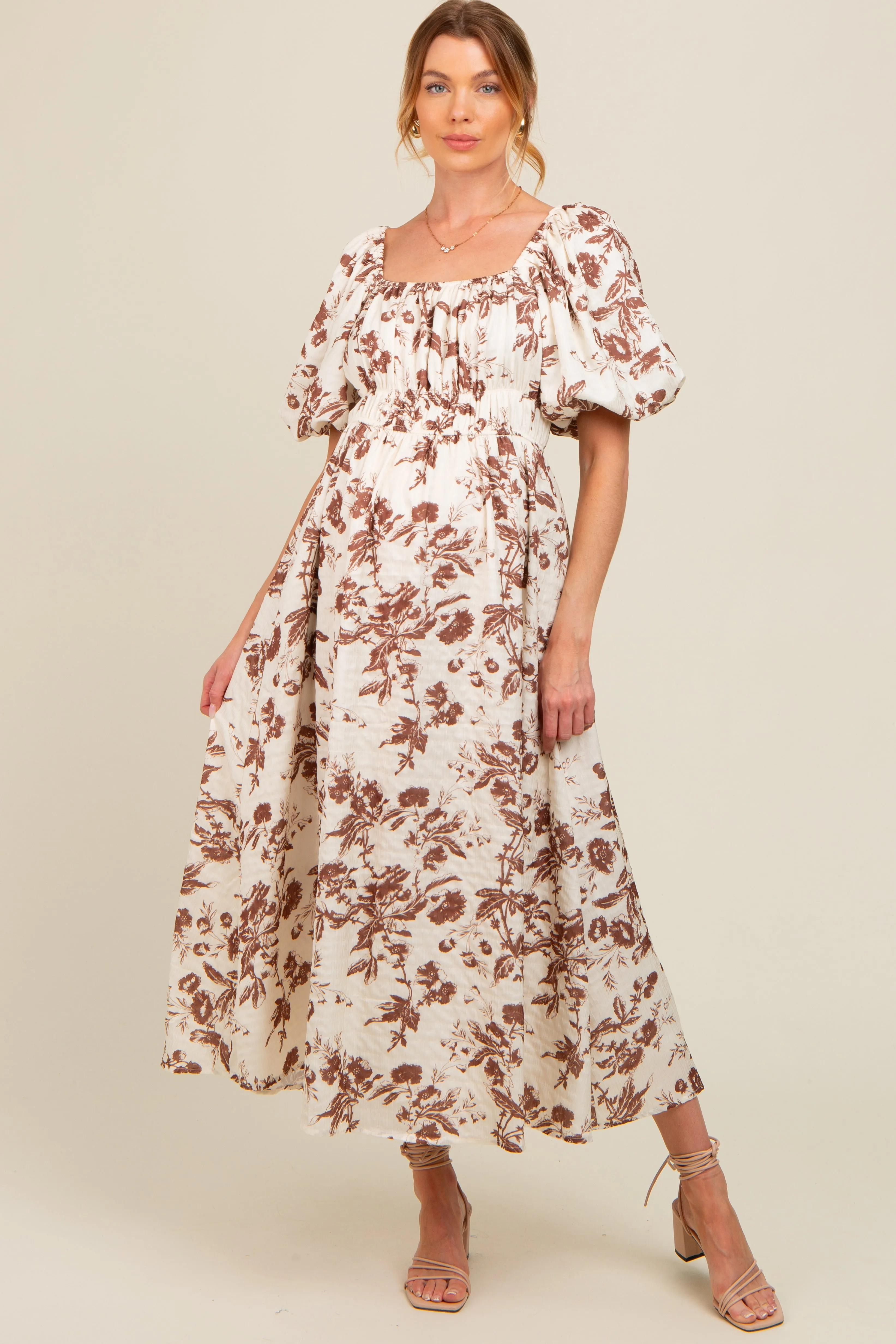 Brown Floral Puff Sleeve Maternity Midi Dress sold by Pinkblush product image thumbnail 2