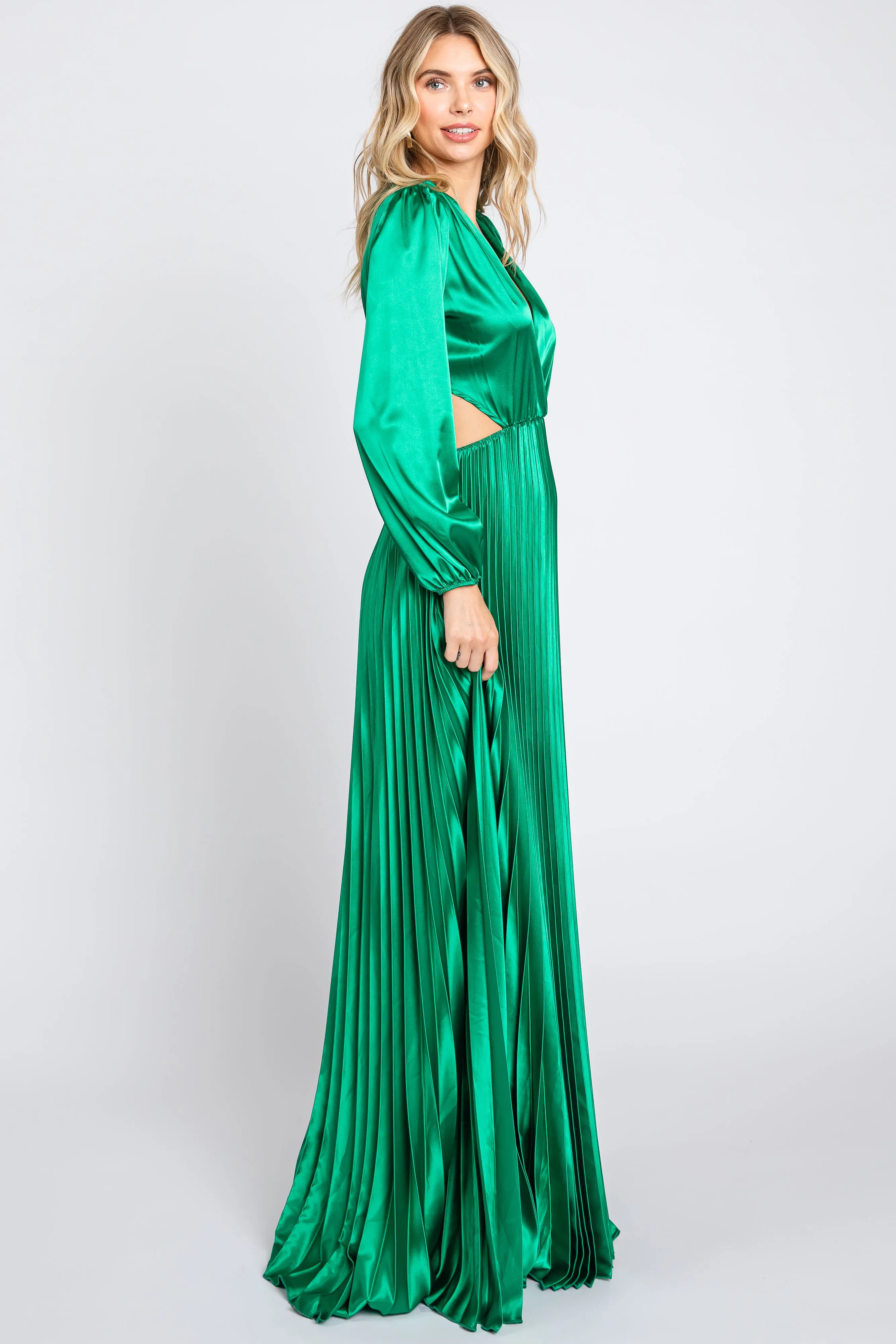 Green Satin Low Back Cutout Pleated Maxi Dress sold by Pinkblush product image thumbnail 2