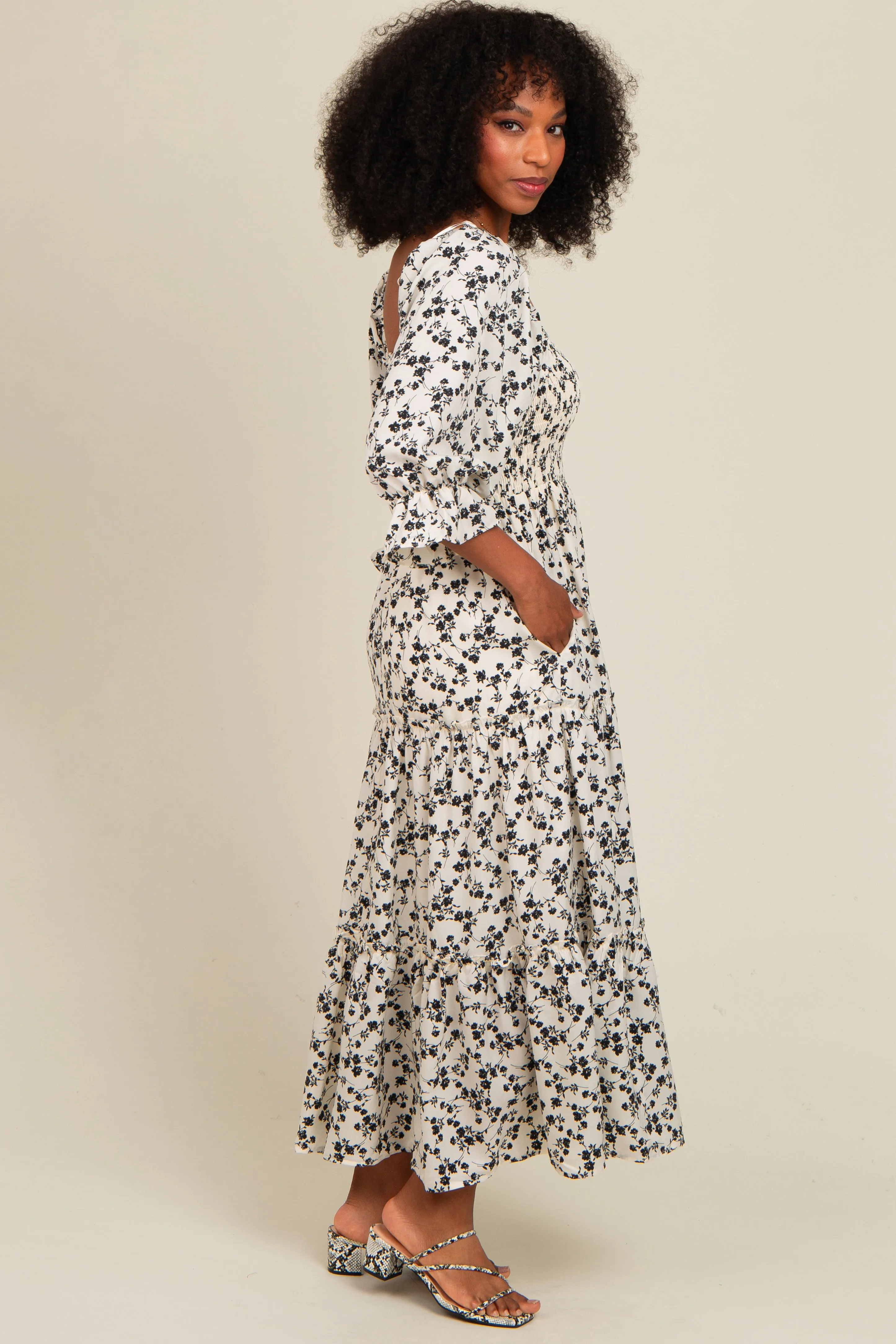 Cream Smocked Tiered Pocketed Midi Dress sold by Pinkblush product image thumbnail 3