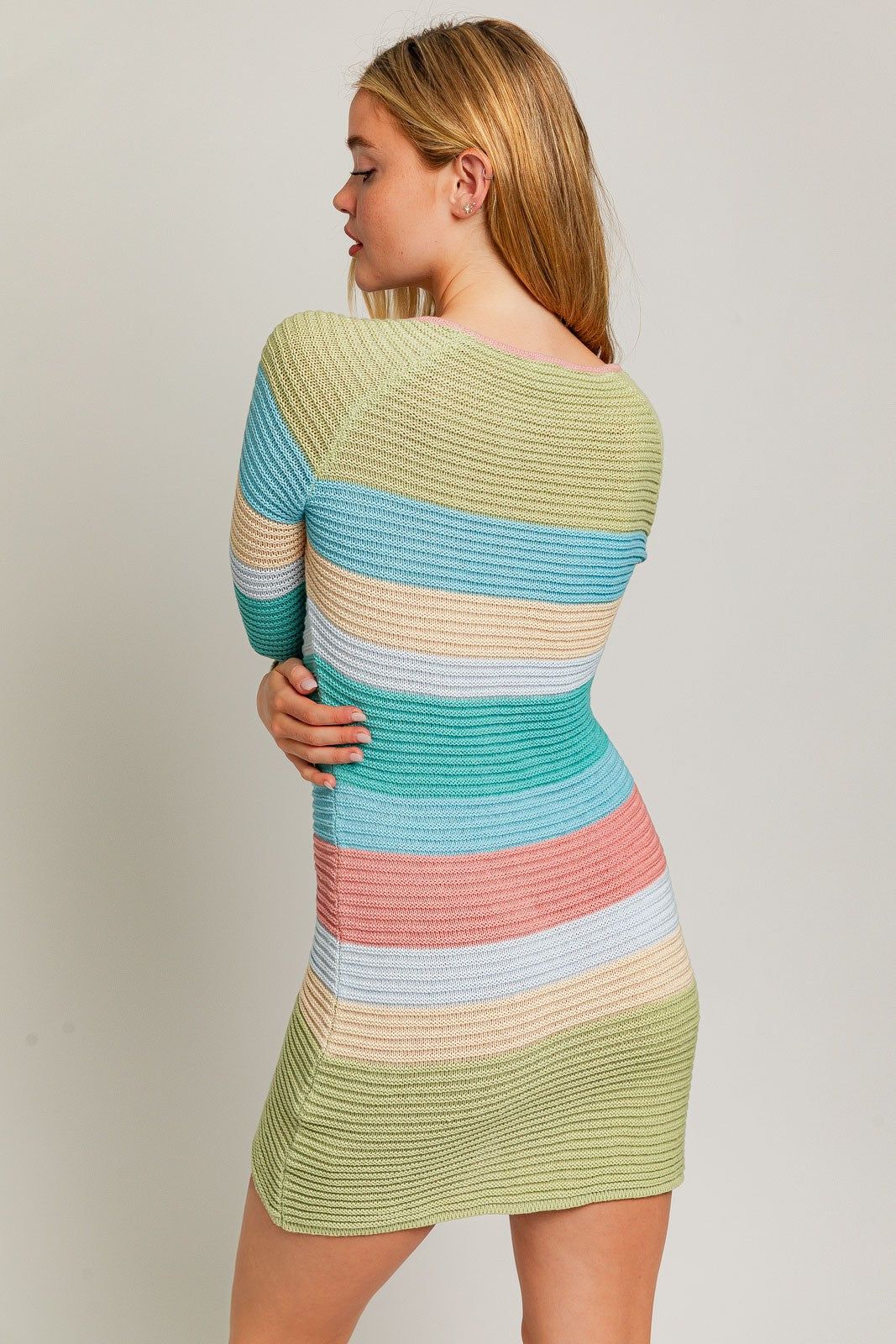 Sage Multi Stripe Long Sleeve Square Neck Stripe Crochet Mini Dress sold by Pinkblush product image thumbnail 2