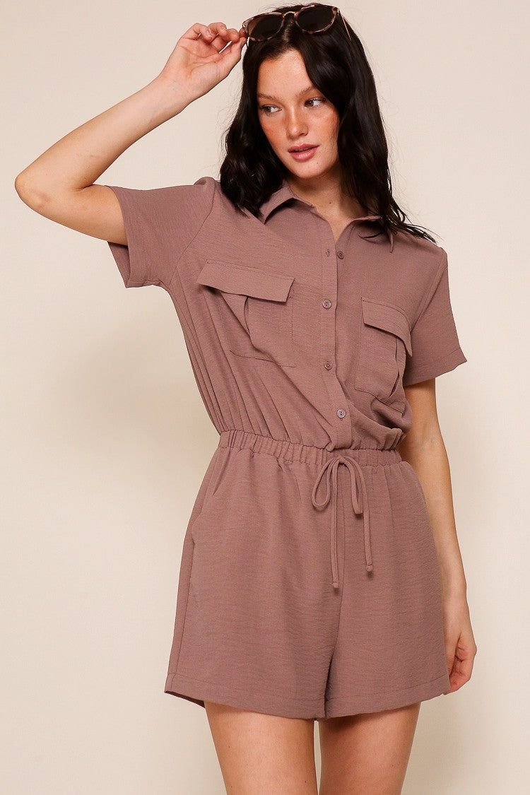 Mocha Button Down Romper sold by Pinkblush
