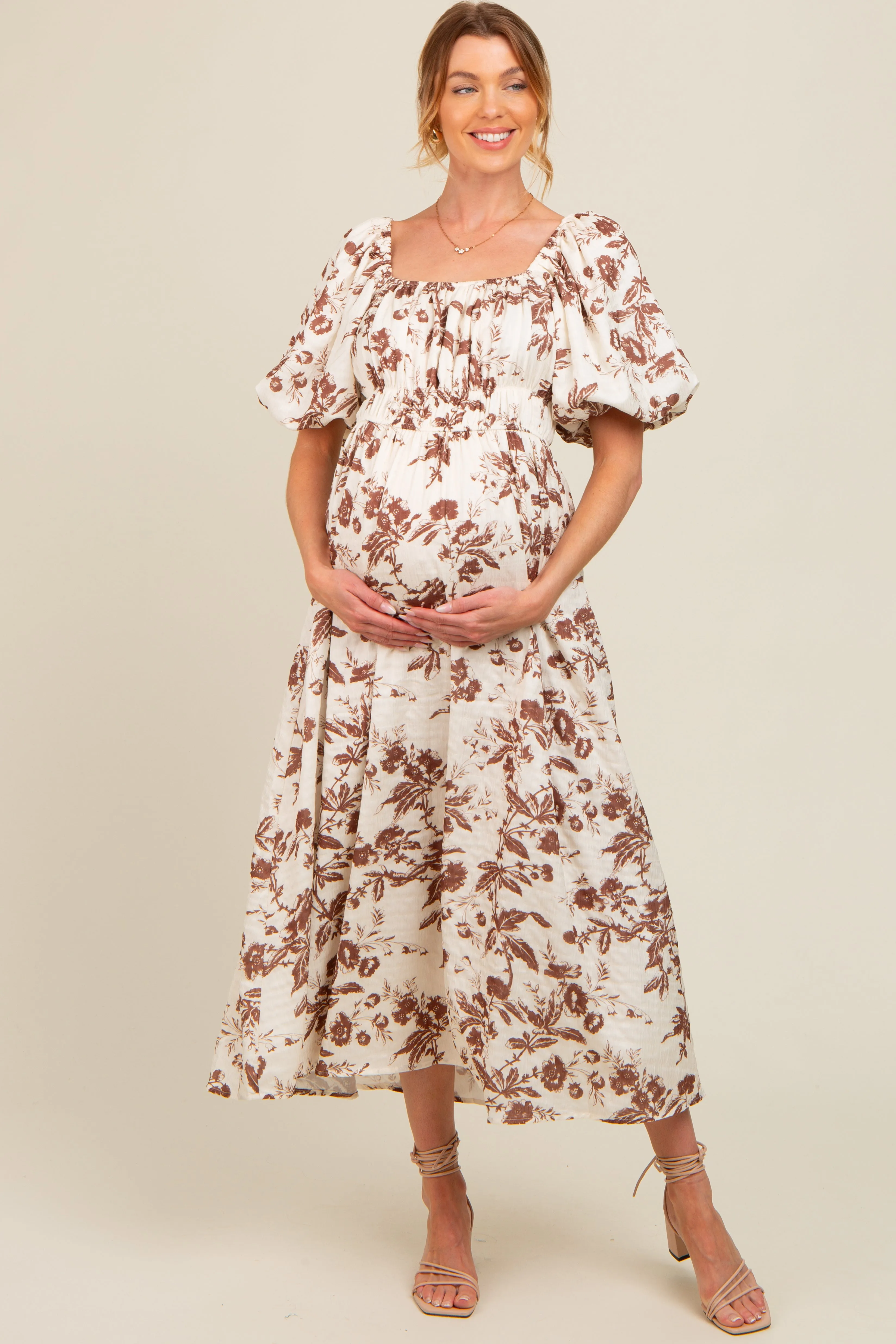 Brown Floral Puff Sleeve Maternity Midi Dress sold by Pinkblush product image thumbnail 3