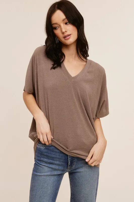 Mocha V-Neck Crepe Knit Top sold by Pinkblush