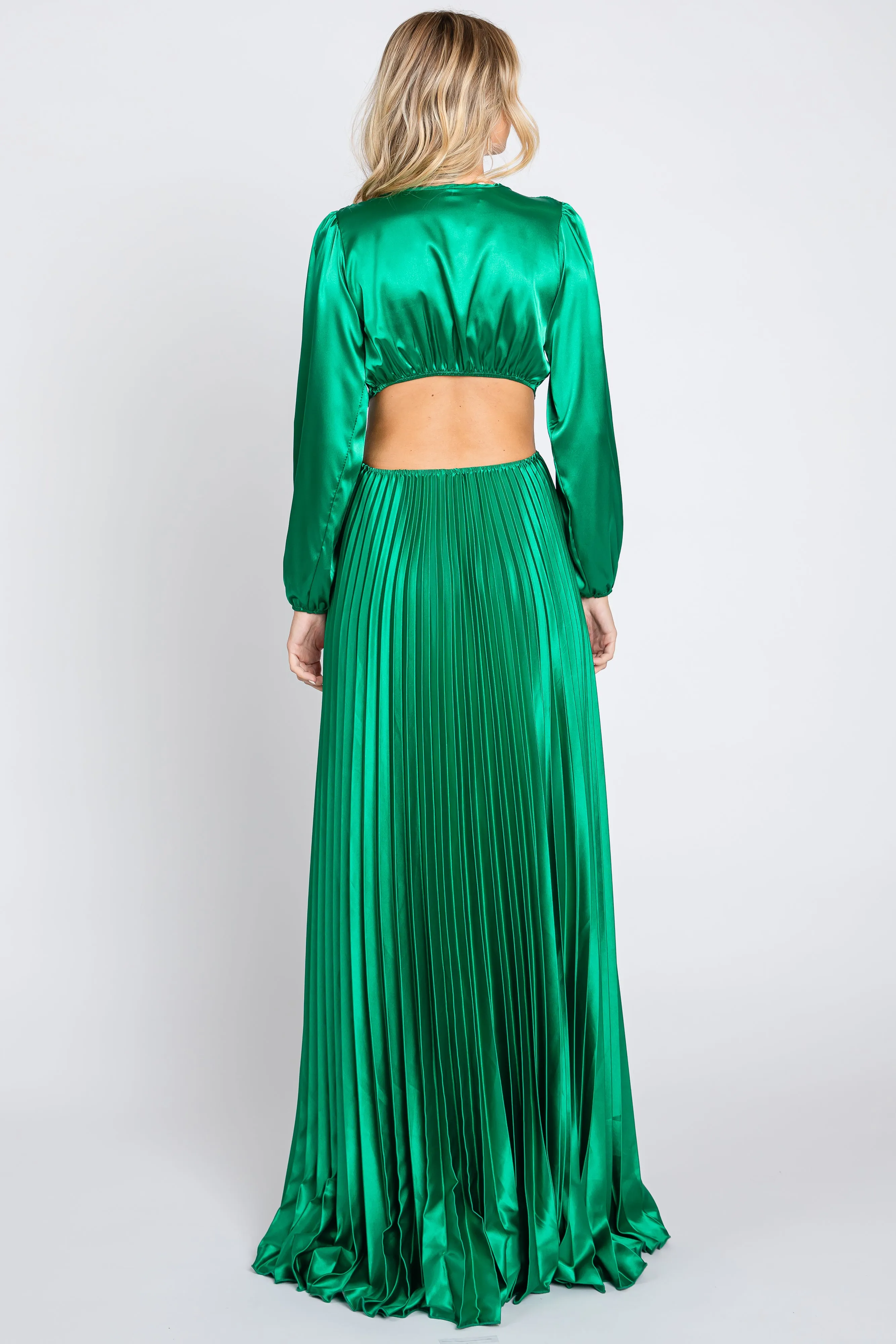 Green Satin Low Back Cutout Pleated Maxi Dress sold by Pinkblush product image thumbnail 3