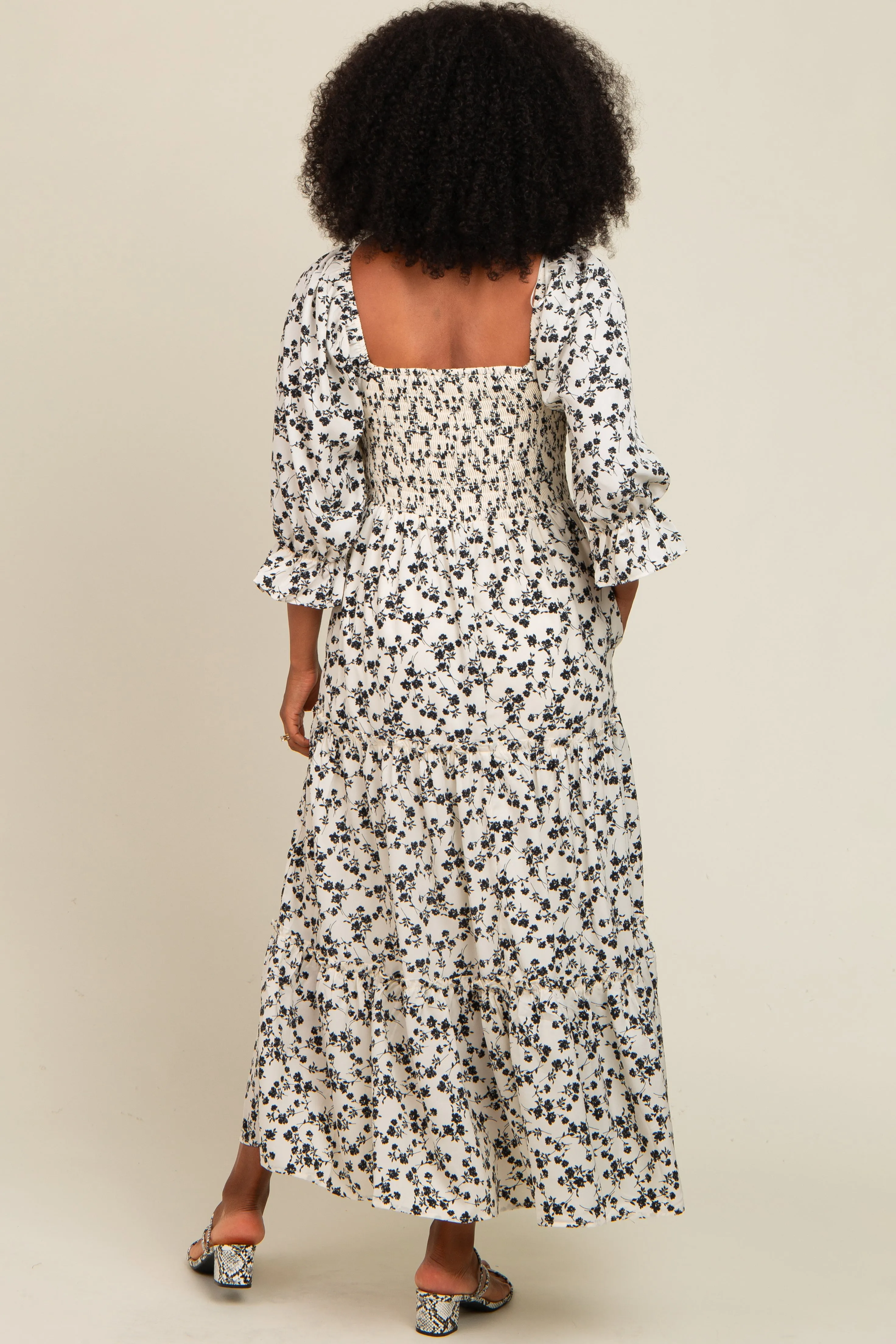 Cream Smocked Tiered Pocketed Midi Dress sold by Pinkblush product image thumbnail 4