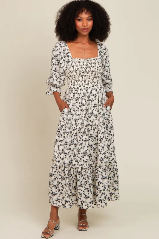 Cream Smocked Tiered Pocketed Midi Dress sold by Pinkblush